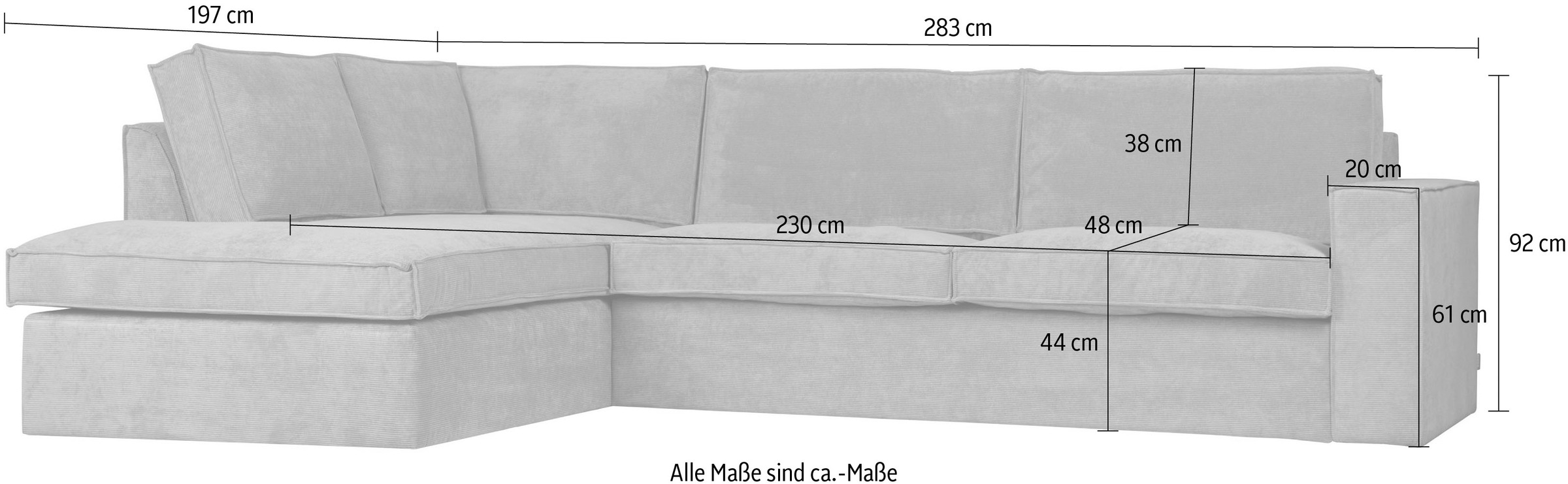 WOOOD Ecksofa »Thomas«, frei im Raum stellbar, Stellmaße H 92 cm x B 283 cm, L-Form