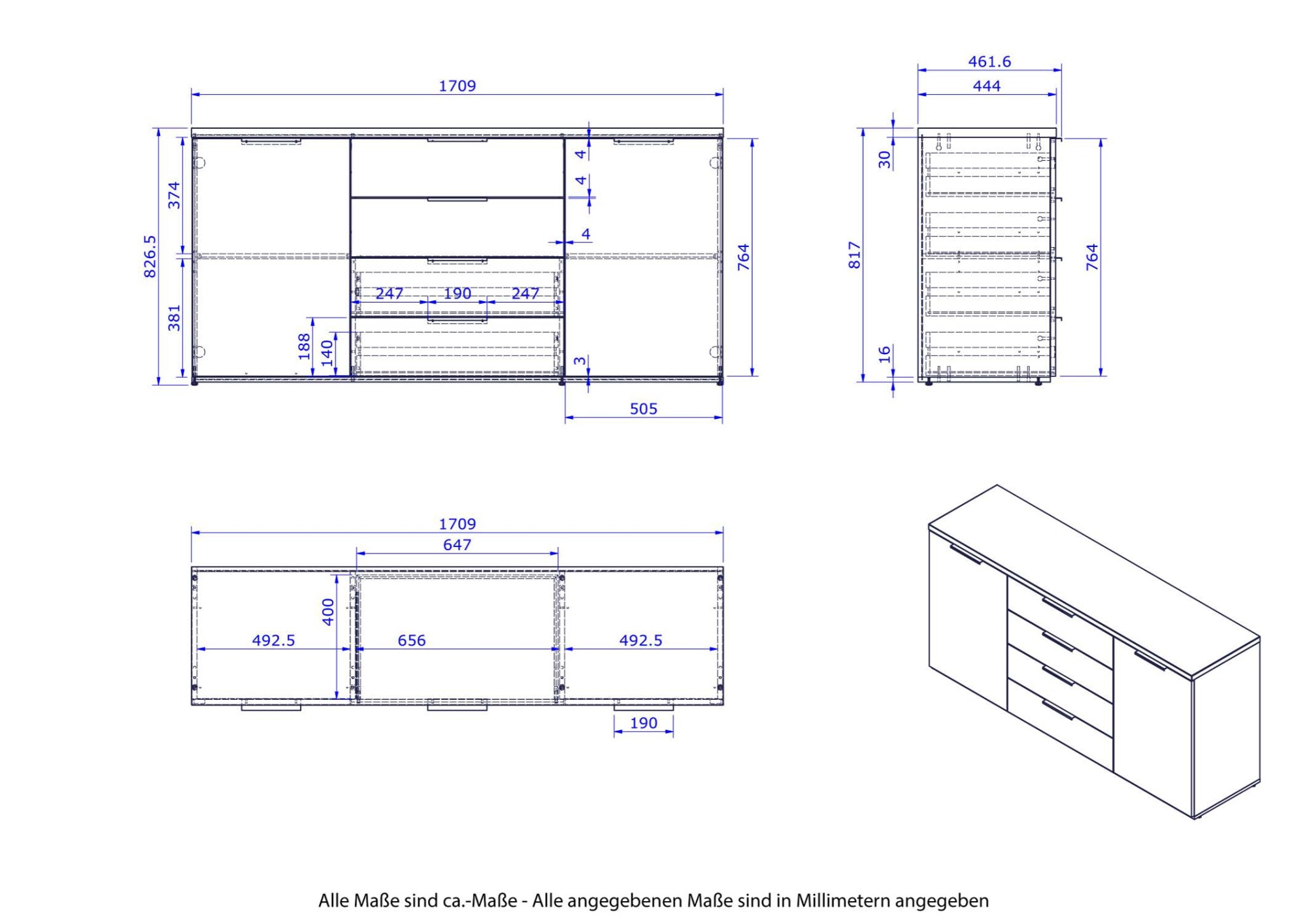 Composad Sideboard »Mundi, Sideboard, Kommode, Schubkastenkommode, Buffet«, (1 St.), mit 2 Türen und 4 Schubladen hochglanz lackiert