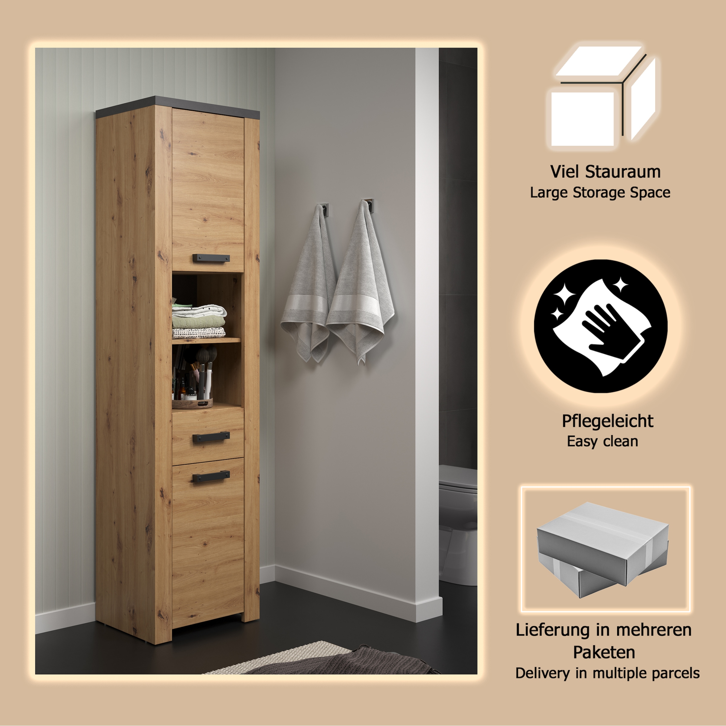 welltime Hochschrank »Ambres« 1 Stk. tlg. Hochschrank mit Soft-Close Funktion - (B/T/H) 53/35/196 cm