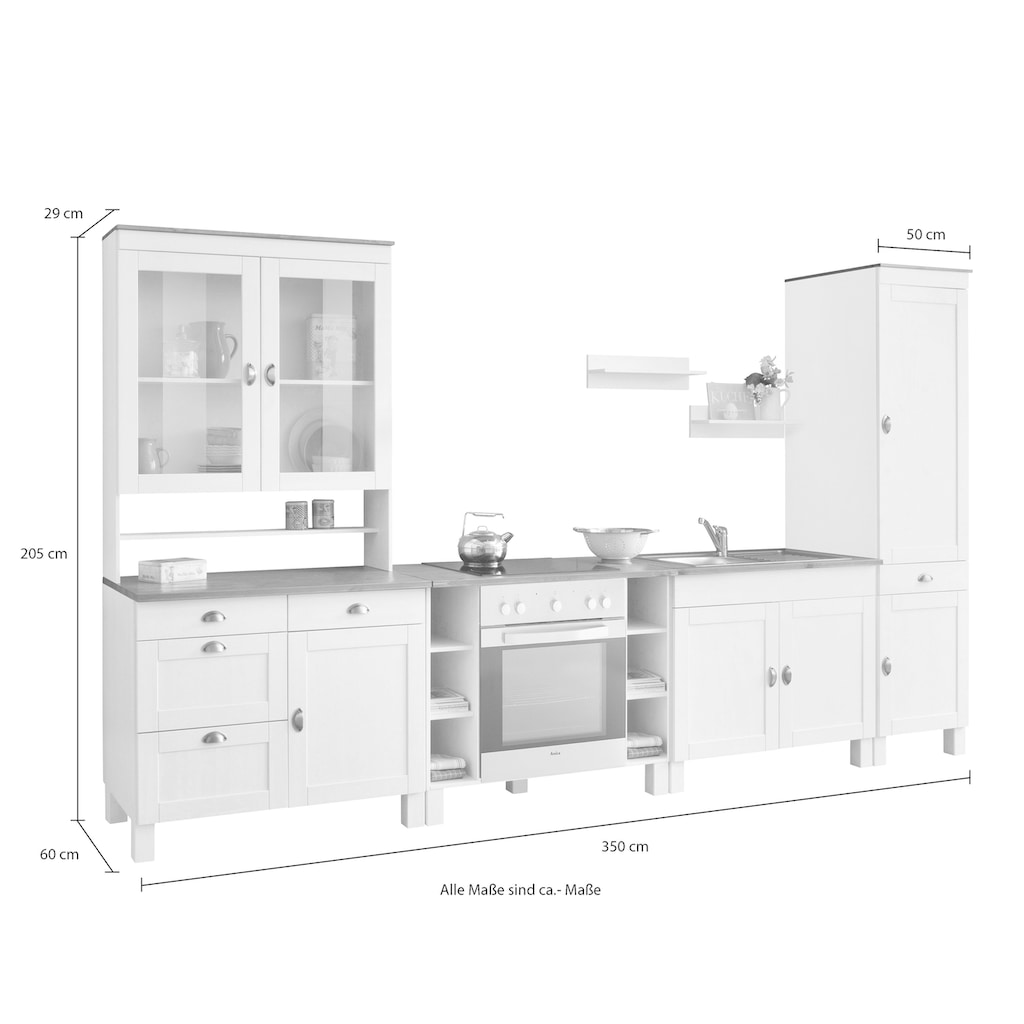 Home affaire Küchen-Set »Oslo«, (7 St.), ohne E-Geräte, Breite 350 cm, aus massiver Kiefer, 23 mm starke Arbeitsplatte, mit Metallgriffen, Landhaus-Küche, in 2 Tiefen erhältlich