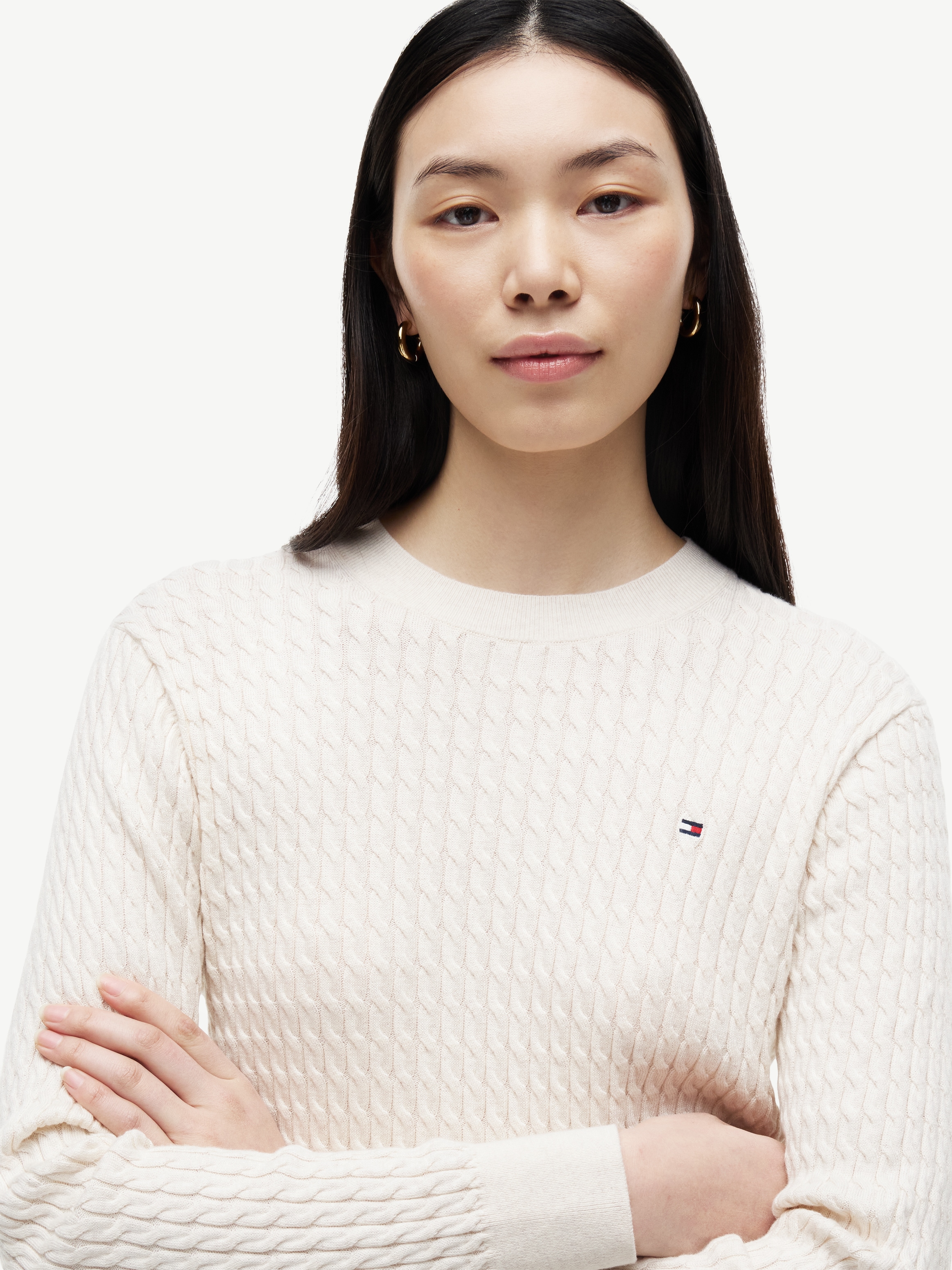 Tommy Hilfiger Rundhalspullover »CO CABLE C-NK LS SWEATER« Baumwolle, mit Zopfmuster, Regular Fit