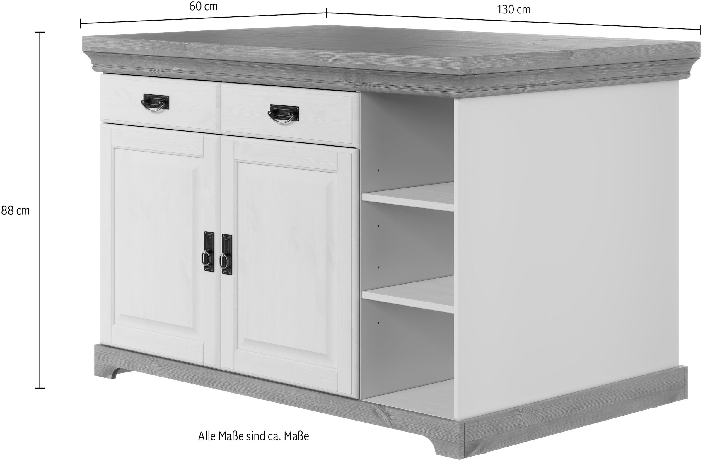 Home affaire Kücheninsel »Rügen«, Breite 130 cm, Kiefer massiv, mit Türen, Schubkästen, offenen Fächern