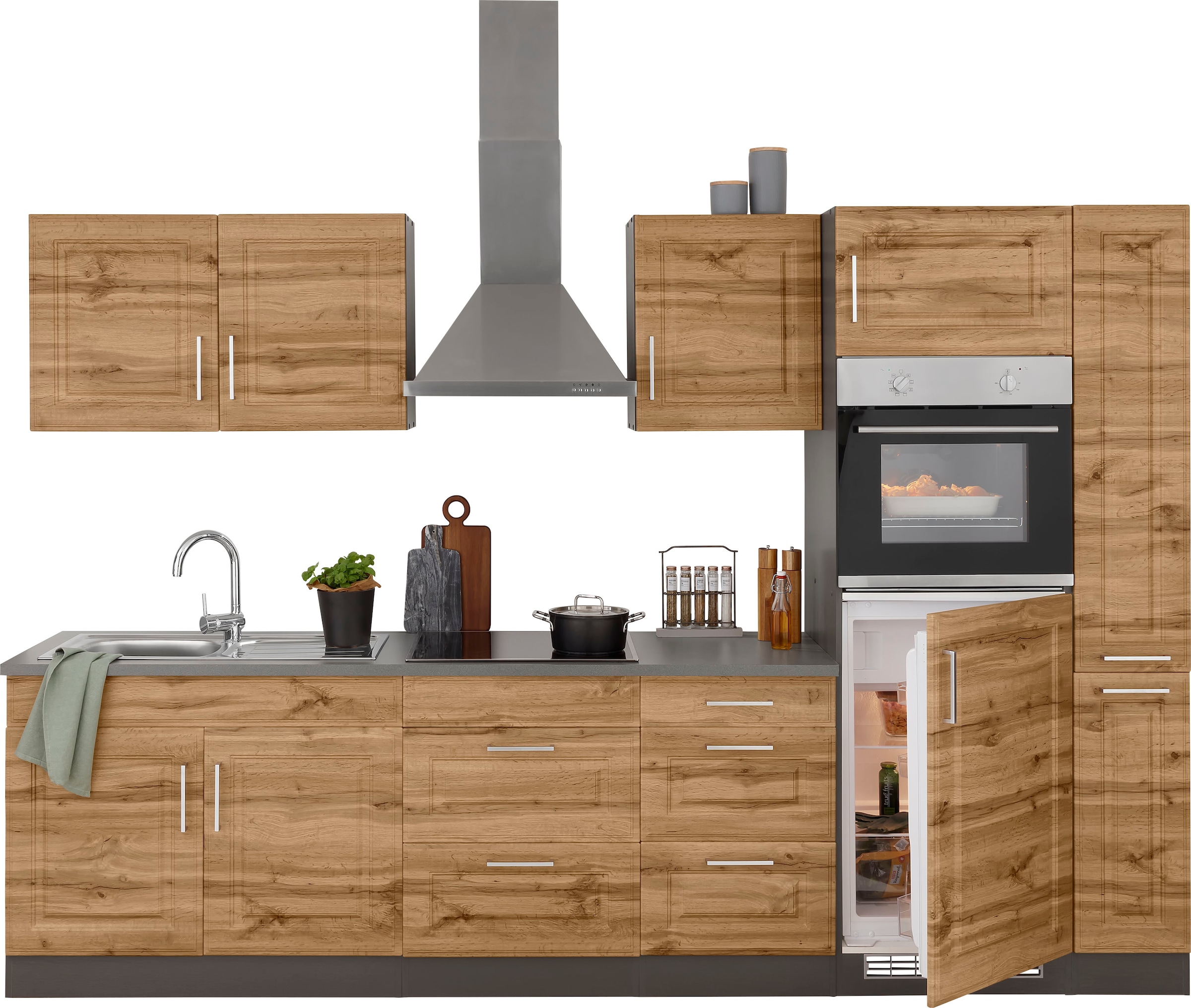 KOCHSTATION Küchenzeile »KS-Stockholm«, Breite 300 cm, mit hochwertigen MDF Fronten im Landhaus-Stil