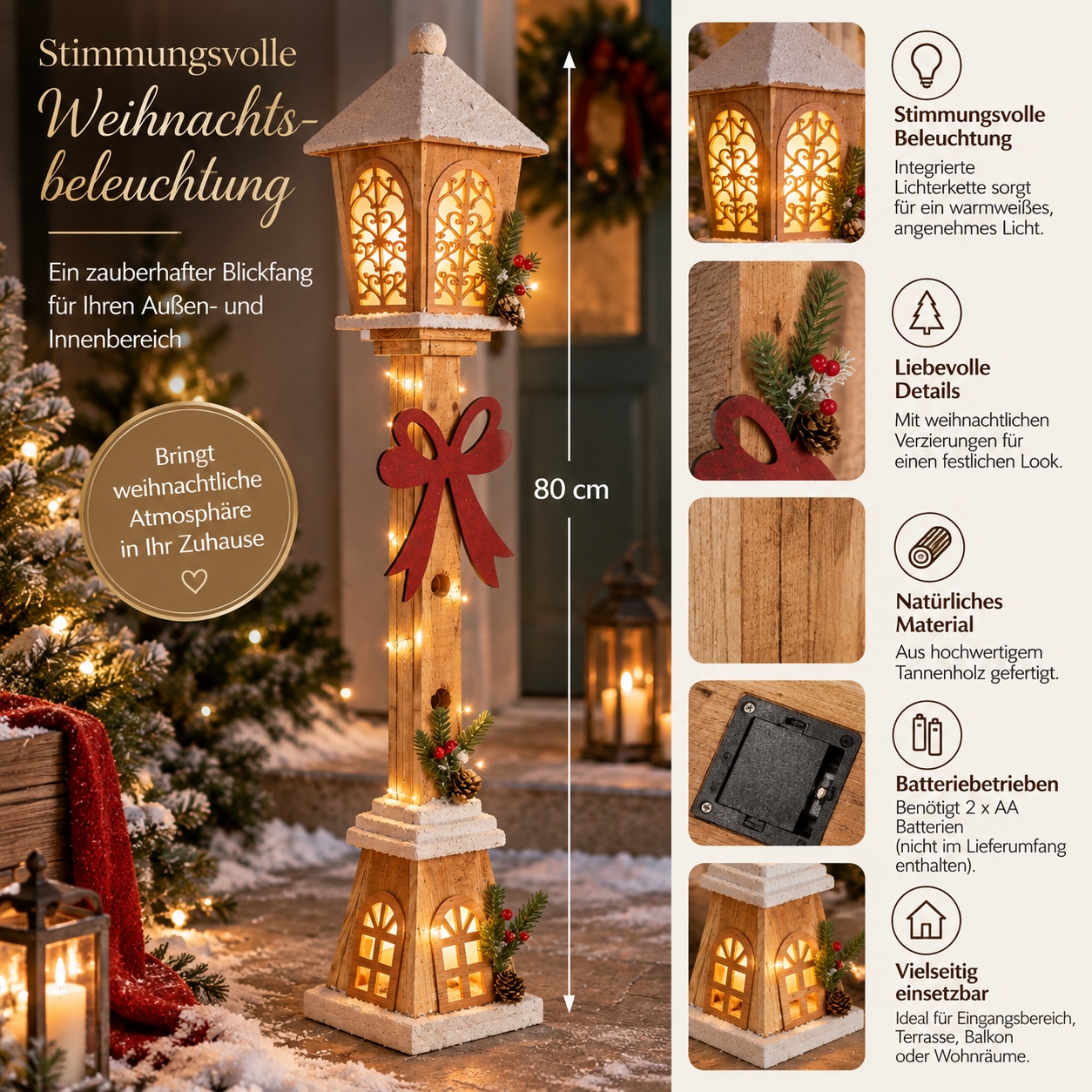 Myflair Möbel & Accessoires LED Laterne »Holzlaterne, 80 cm hoch« Warmweiß mit  intergrierter LED-Lichterkette