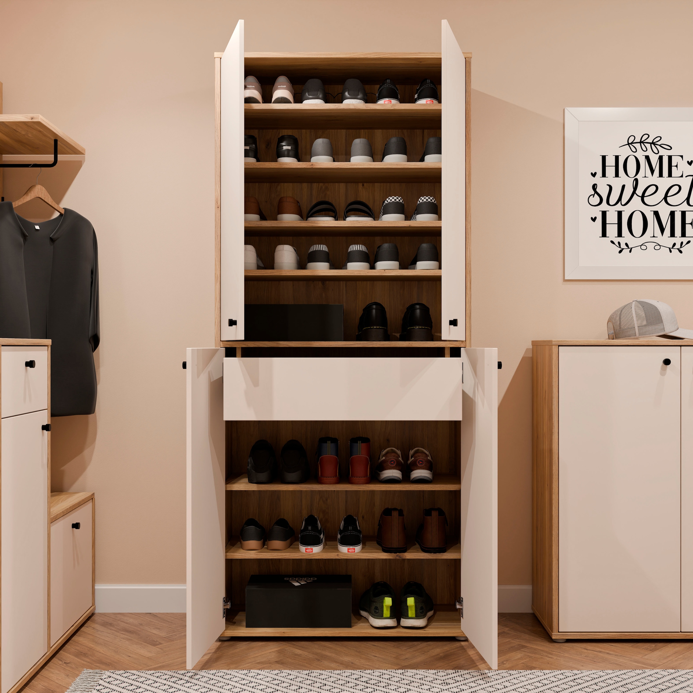 FORTE Schuhschrank Metallgriffe Schwarz, Soft Close, Vollauszug