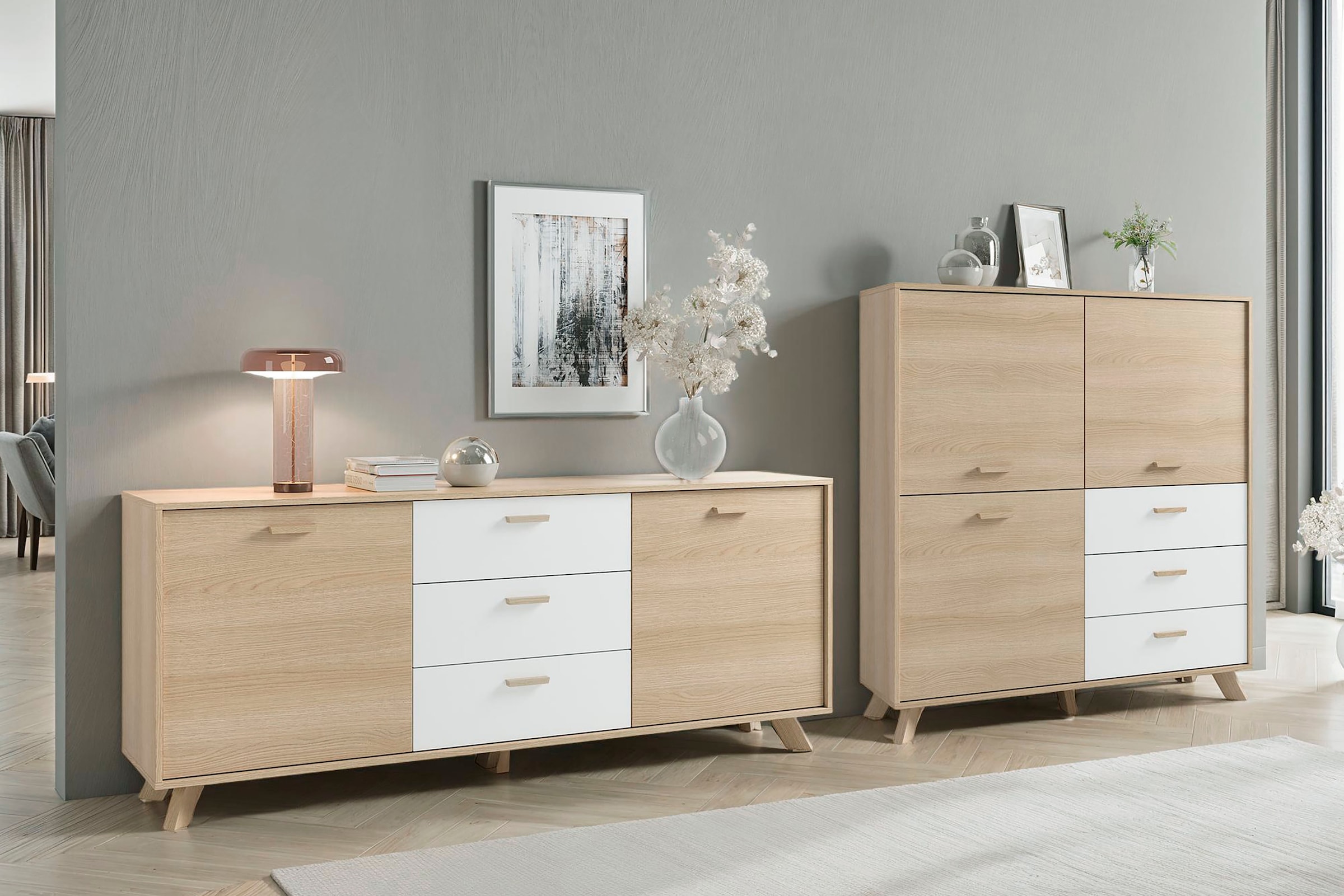 byLIVING Sideboard »Bastian« 1 Stk. tlg. mit massiven Holzfüßen und Griffen, natürlicher Eichenlook, 180cm