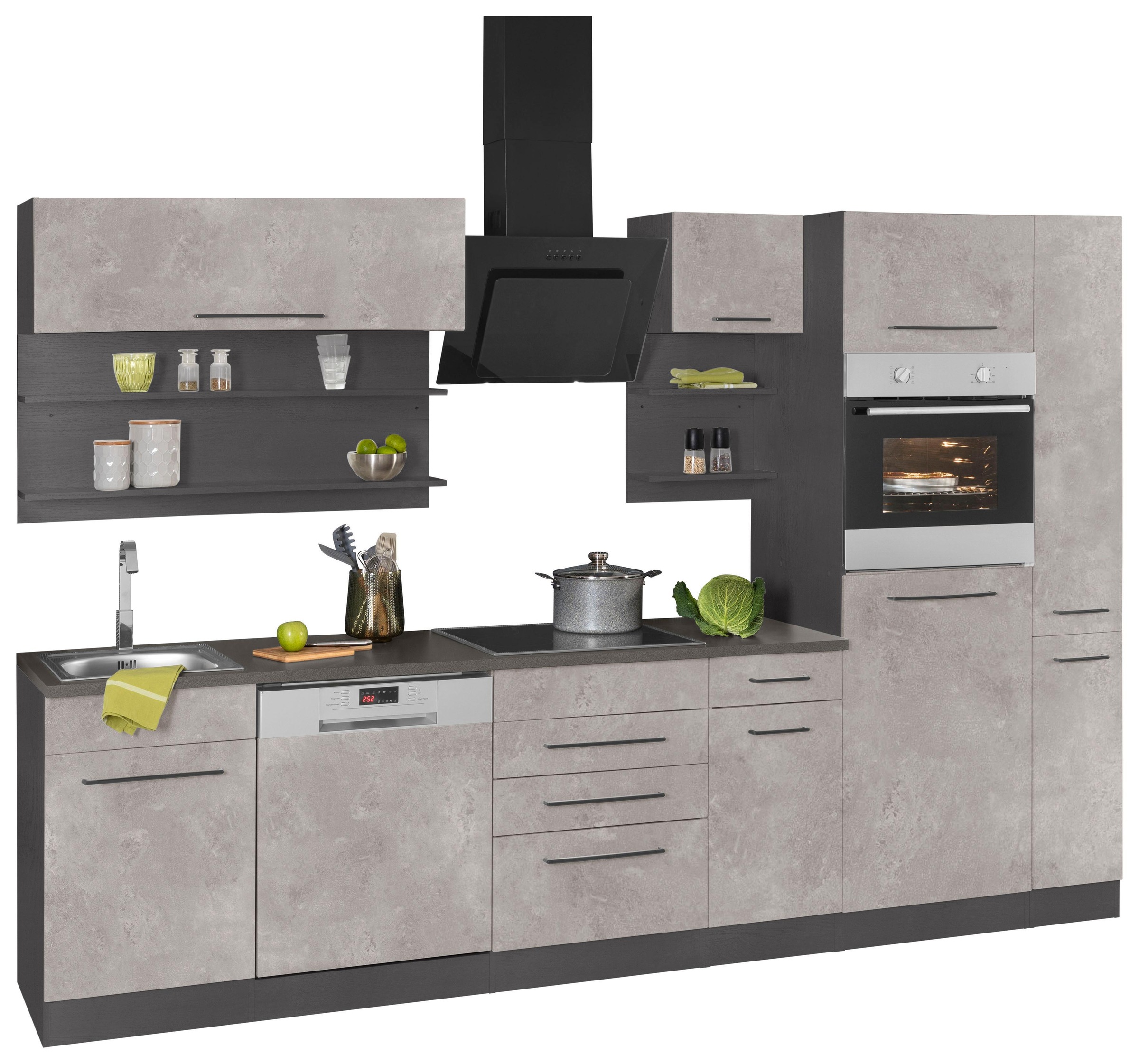 KOCHSTATION Küchenzeile »KS-Tulsa«, mit E-Geräten, Breite 300 cm, schwarze Metallgriffe, MDF Fronten