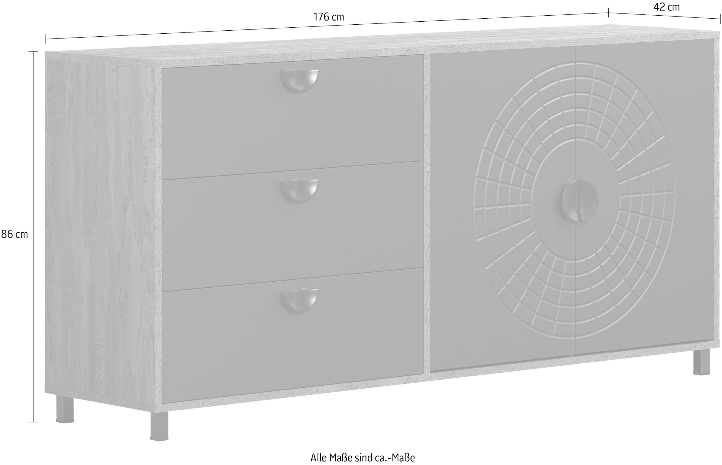 INOSIGN Sideboard »Fusion«, (1 St.), Kommode mit markantem Kreismuster - Antikoptik - (B/T/H) 176/42/86 cm