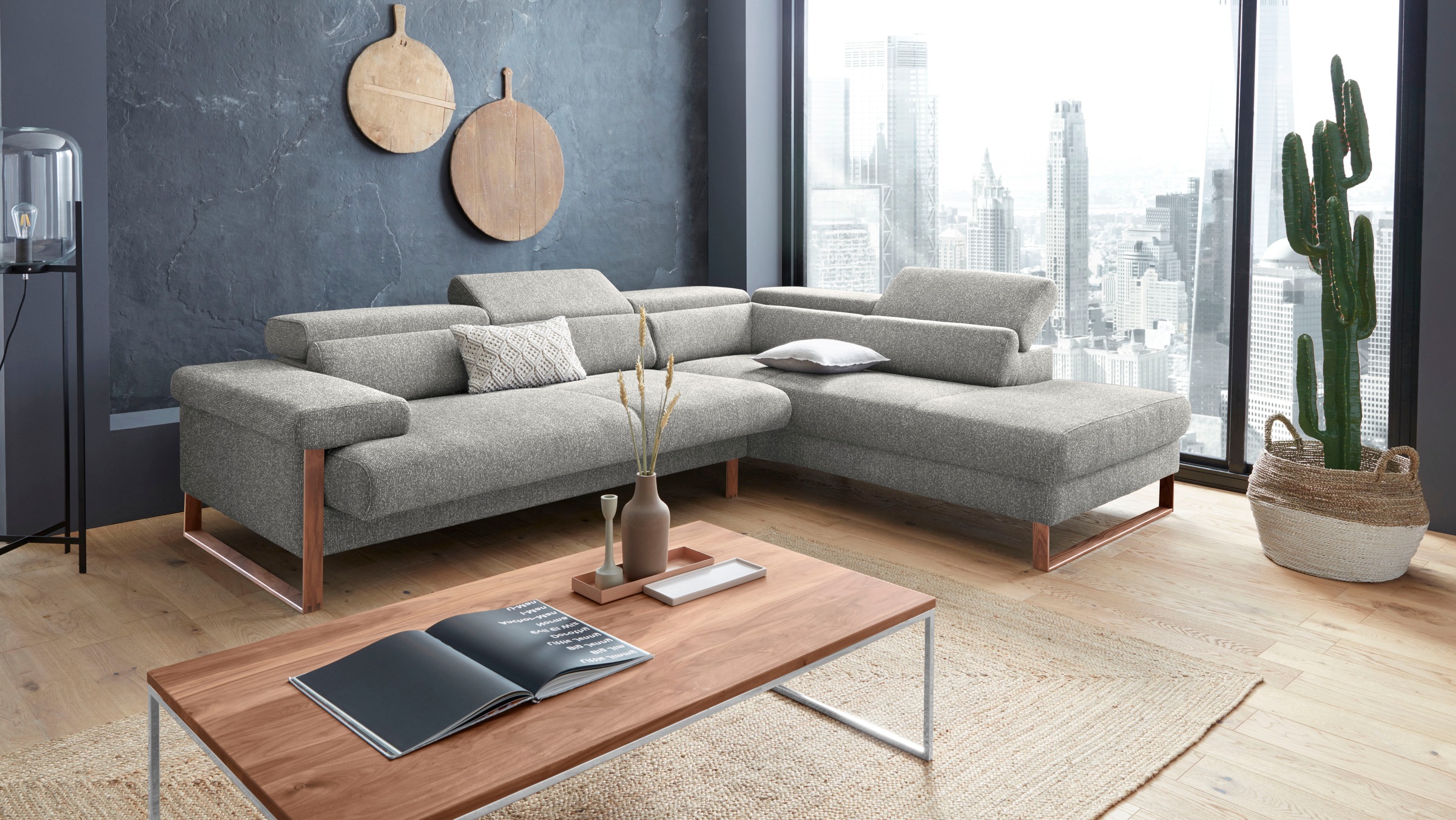 W.SCHILLIG Ecksofa »finn, Designsofa mit tollem Sitzkomfort, bequem, L-Form«, German Design Award 2016, Fußgestell Nussbaum natur, Breite 281 cm