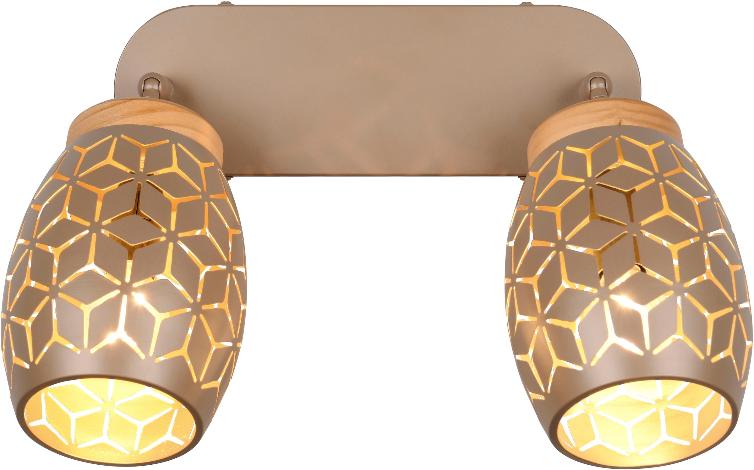REALITY Leuchten Deckenstrahler »BIDAR 2-flammig, exkl 2x E14 max 10W, Wand- oder Deckenmontage möglich« E14 1 Stk. warmweiß - kaltweiß Spots verstellbar, Metall-Lampenschirm mit Lasercut Optik + Holz Dekor