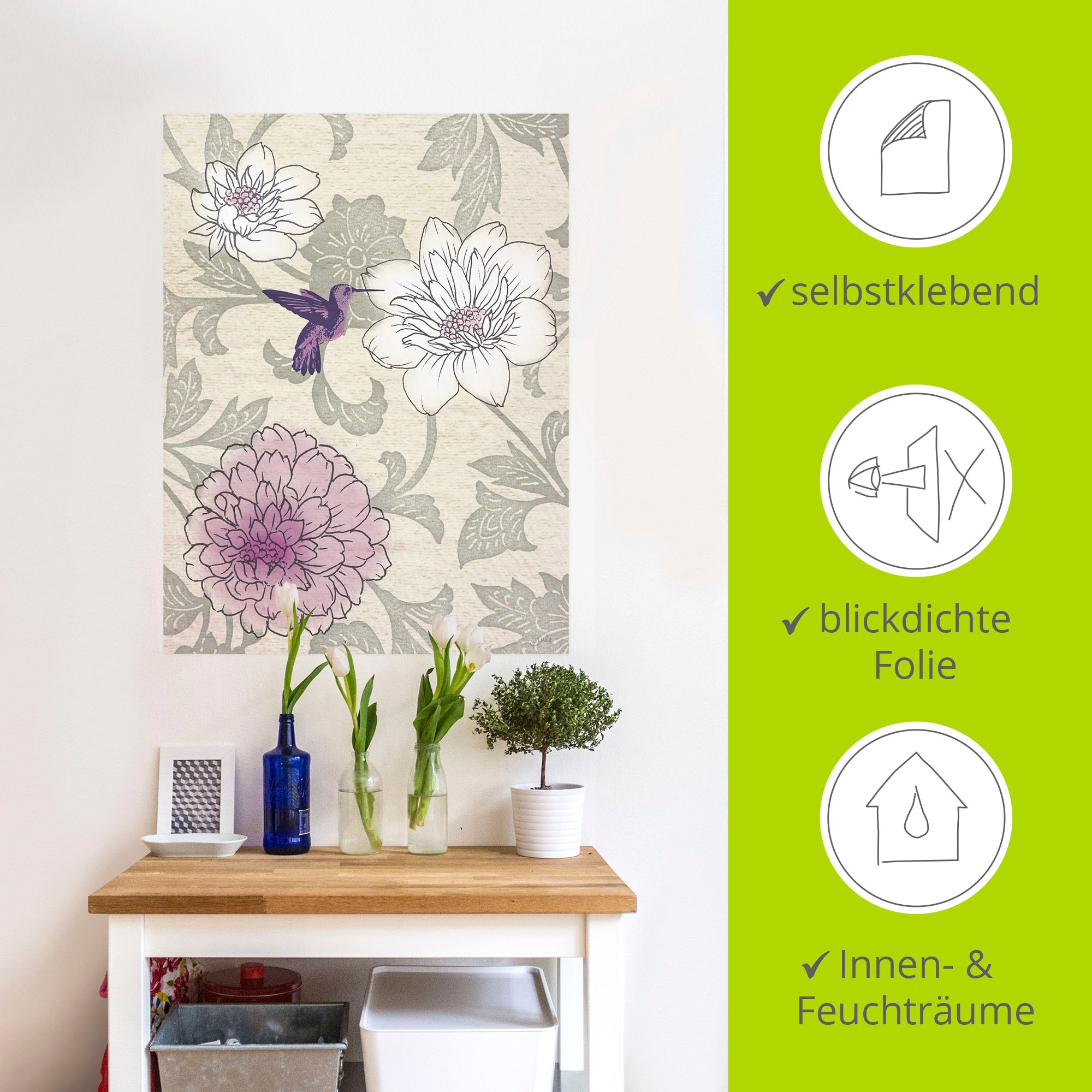 Artland Wandbild »Blumenmuster mit Kolibri«, Blumen, (1 St.), als Poster, Wandaufkleber in verschied. Größen