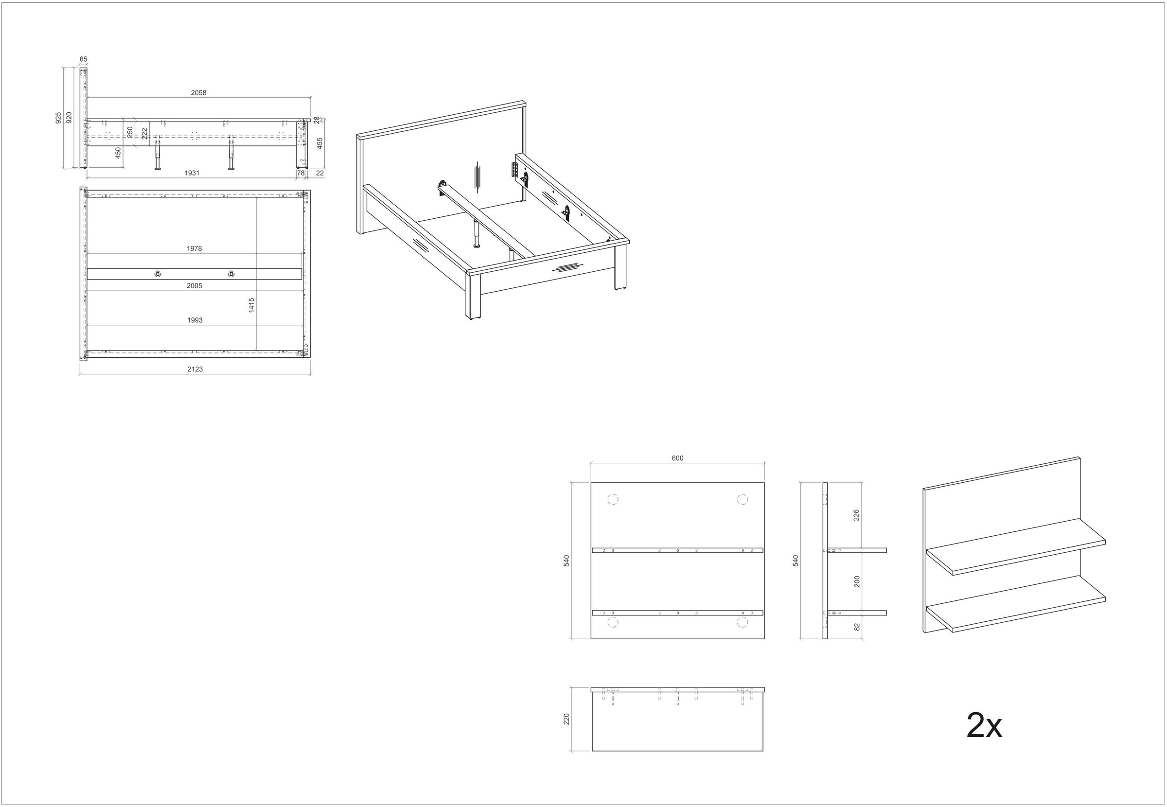 Home affaire Bettanlage »SHERWOOD« 3 Stk. tlg. Liegefläche Bett 140x200cm, Wandpaneel mit jeweils 2 Ablageflächen