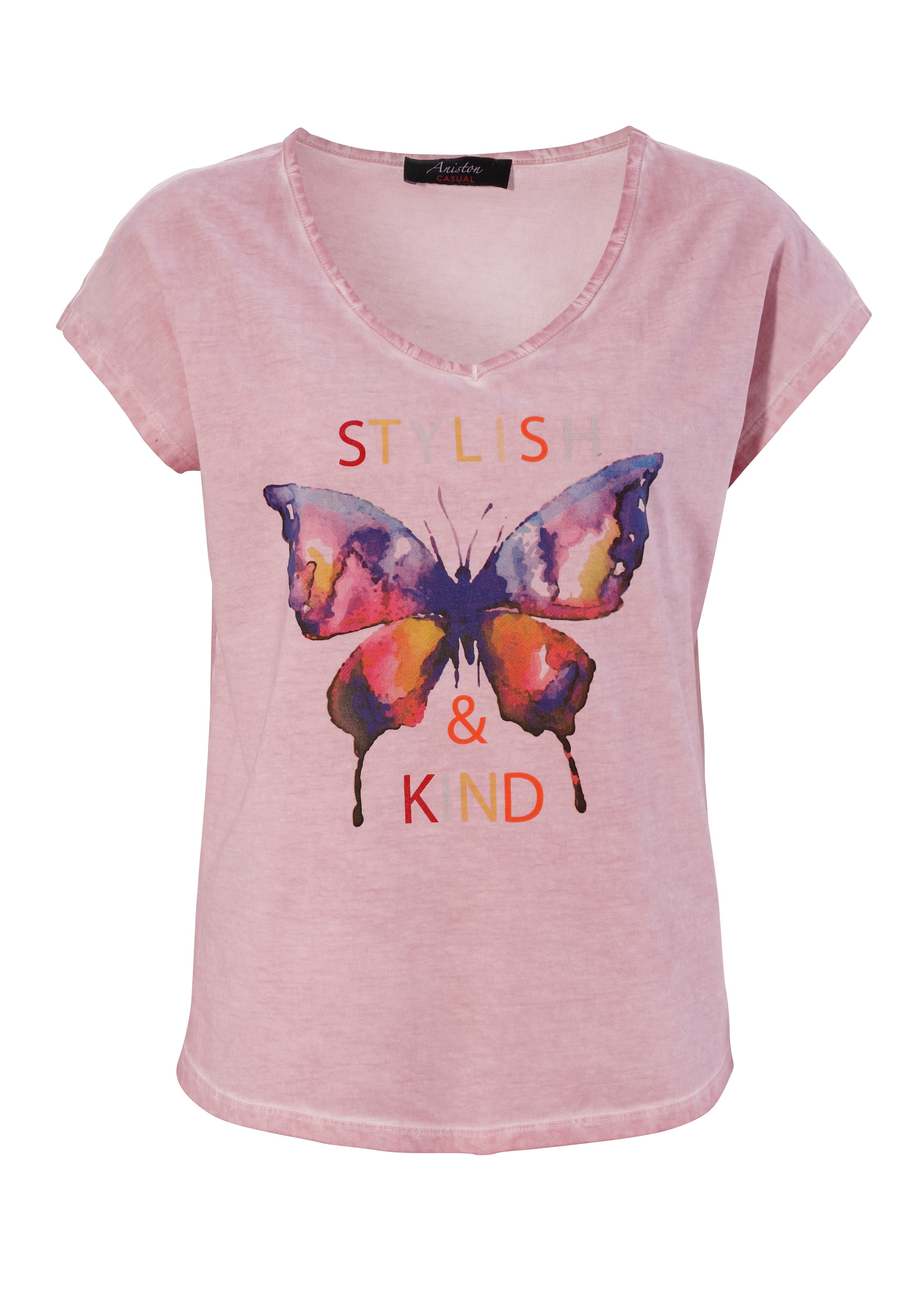 Aniston CASUAL T-Shirt, mit ♕ bei und Schriftzug Schmetterling batikfarbigem