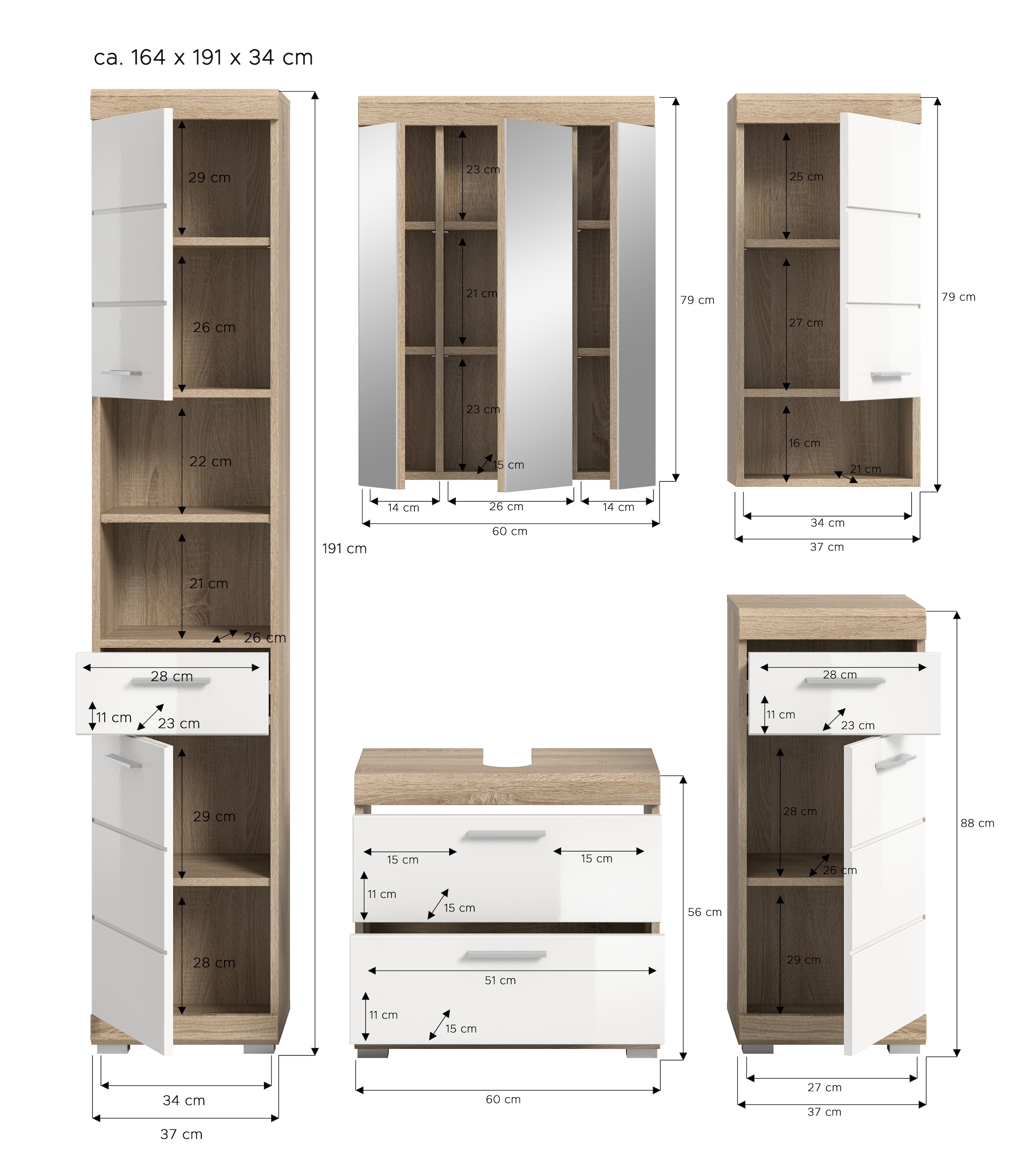 welltime Badmöbel-Set »Siena, 5 teilig, bestehend aus:« Set, TOPSELLER!, 5 Stk. tlg.