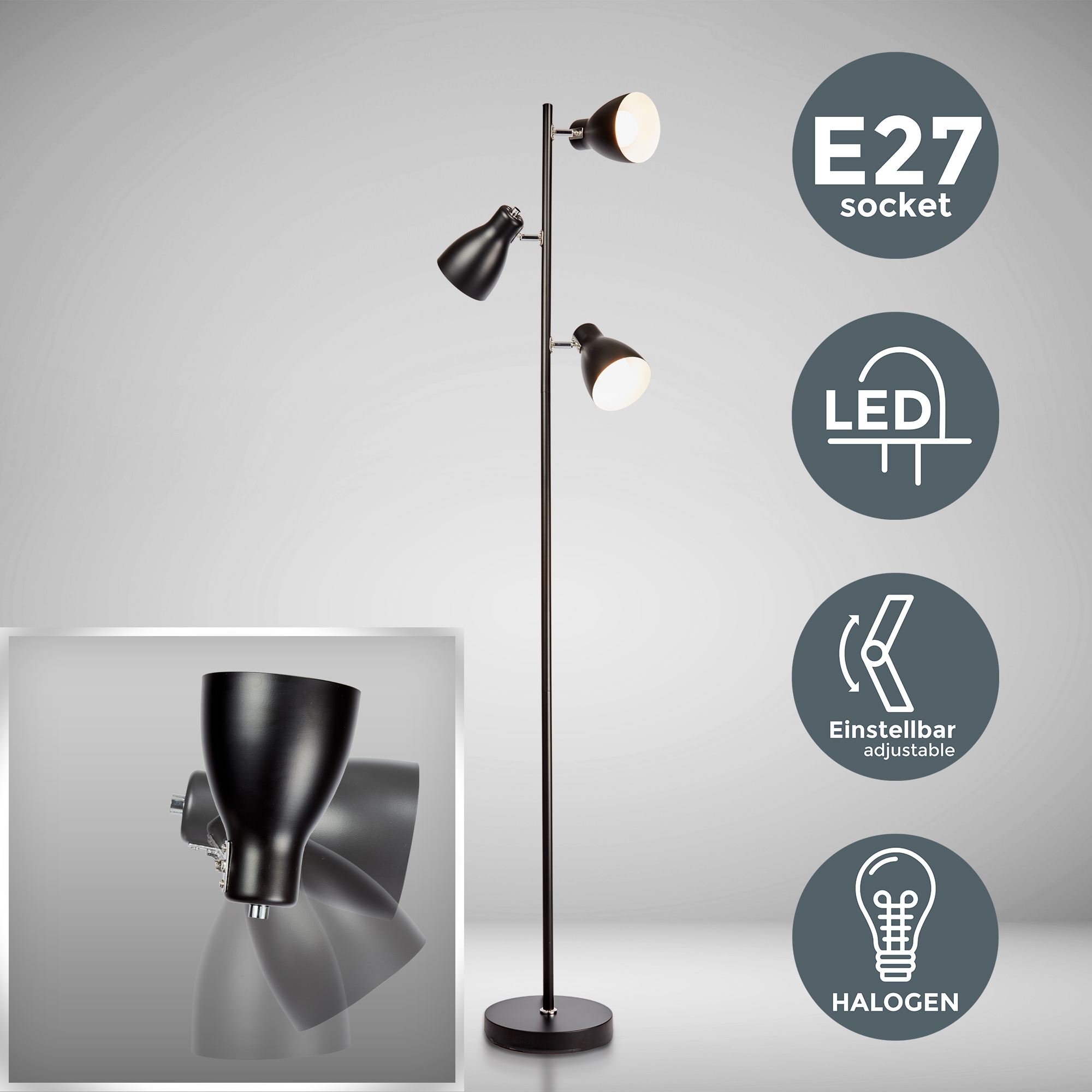 B.K.Licht Stehlampe, 3 flammig, Leuchtmittel E27 | ohne Leuchtmittel, Stehleuchte, Metall, Deckenfluter, Leuchte, schwenkbar, E27, schwarz