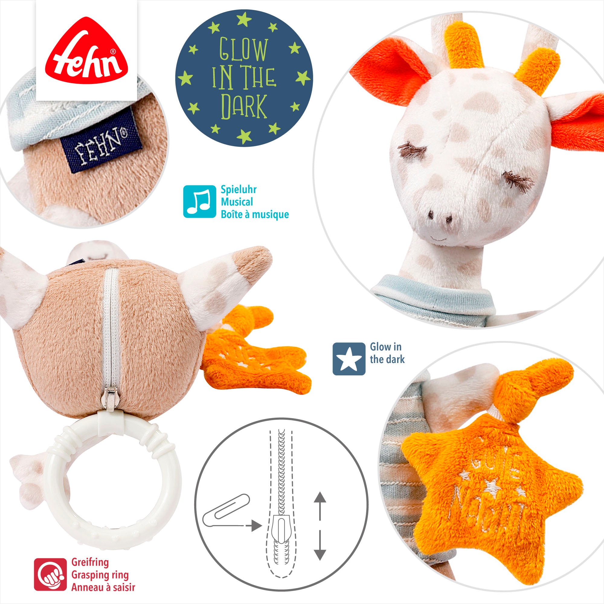 Fehn Spieluhr »Gute Nacht, Giraffe«, mit Glow-in-the-dark-Bestickung
