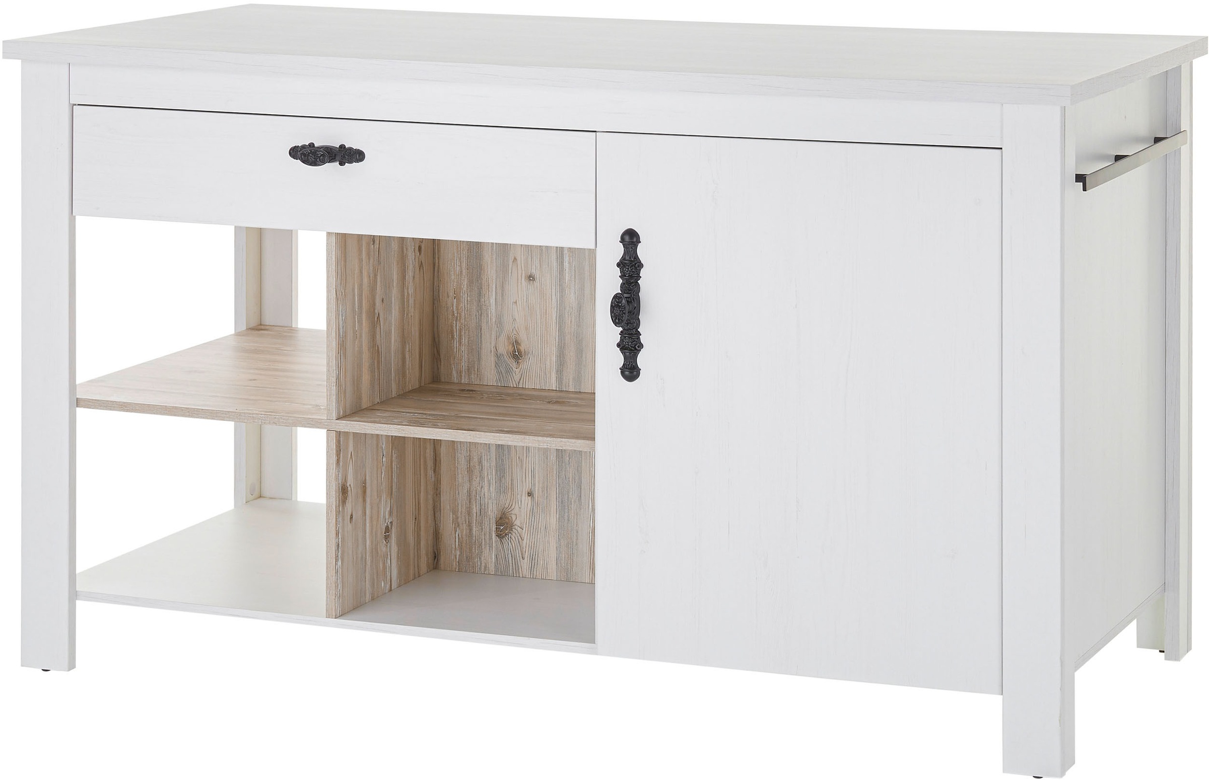 Home affaire, Kücheninsel »Florenz, Küchenblock in Pinie Weiß, Kochinsel, Küchenarbeitsblock« Breite 161 cm, mit verschnörkeltem Metallgriff, 