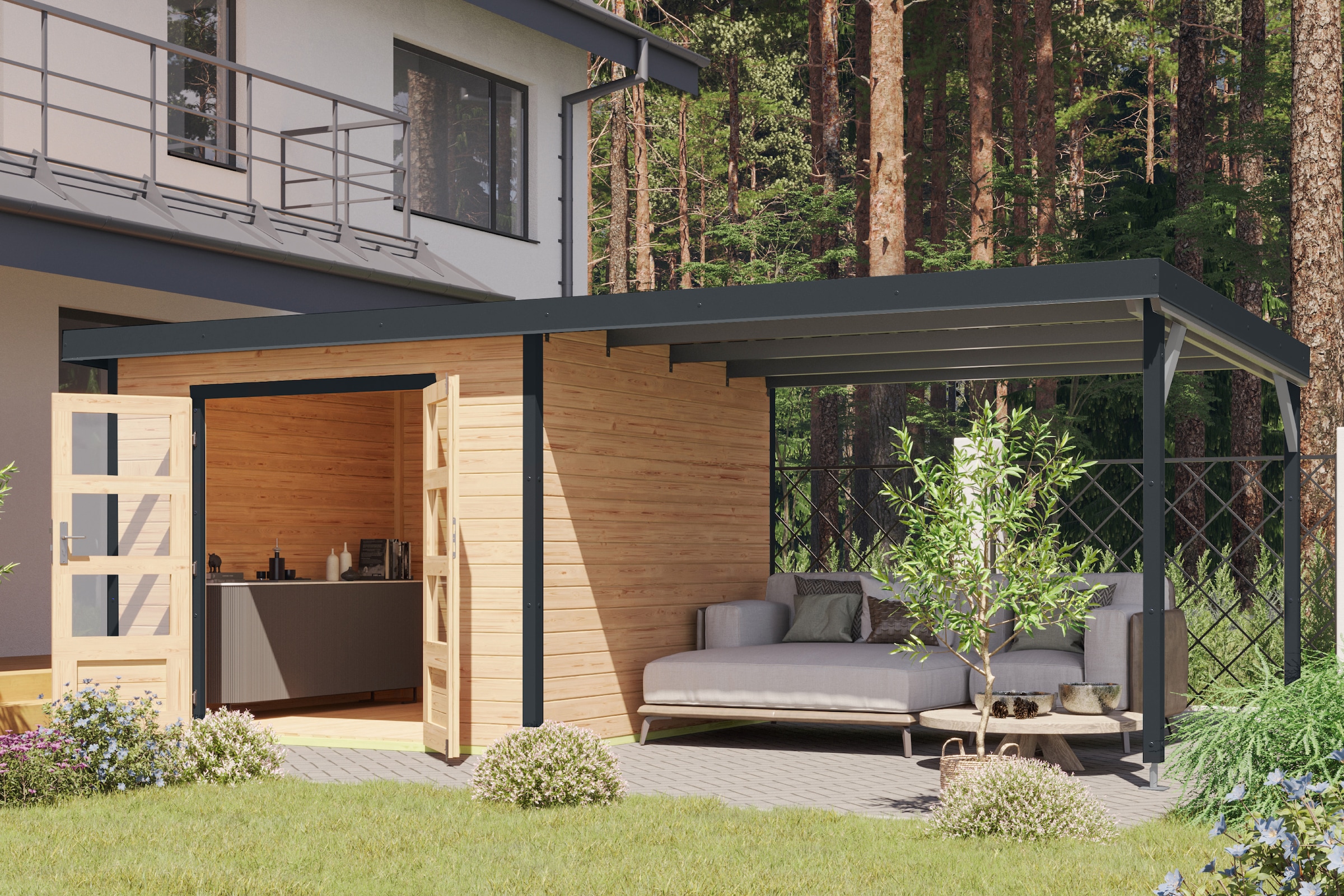 Karibu Gartenhaus »Plutino 6  SET, in verschiedenen Farben« inkl. Anbaudach
