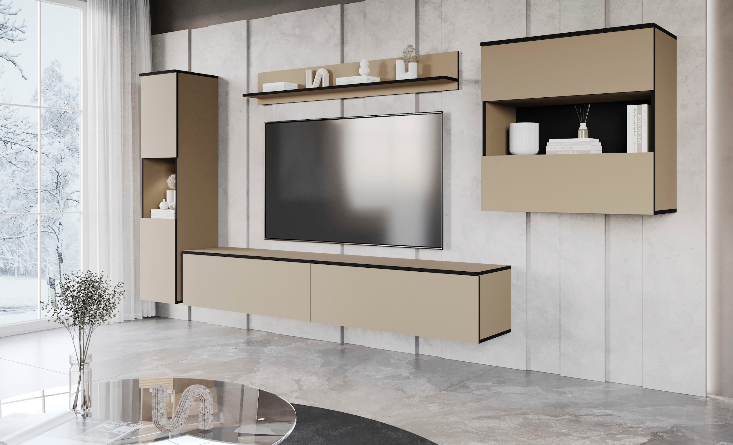 INOSIGN Wohnwand »PARIS, Vitrine Türanschlag links/rechts wechselbar«, (Komplett-Set, 4 St.), grifflose Design, stehend und hängend montierbar