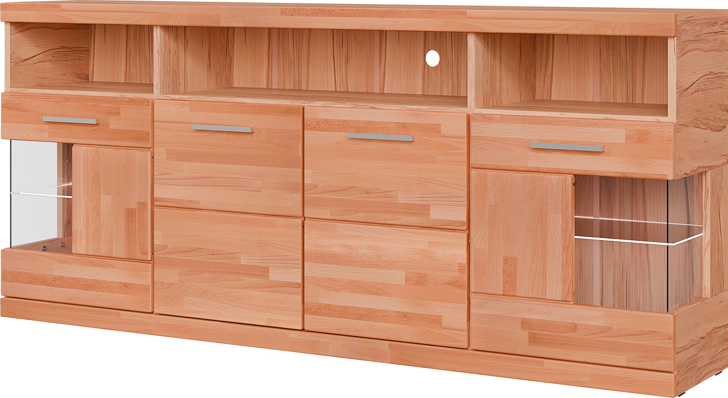 OTTO home Sideboard »RIBE20 Fronten massiv,Korpus Melamin, 2 Türen mit Glaseinsatz« B/T/H: 180/35/80cm,3offene Fächer u 6geschlossene,Teilmassiv Kernbuche