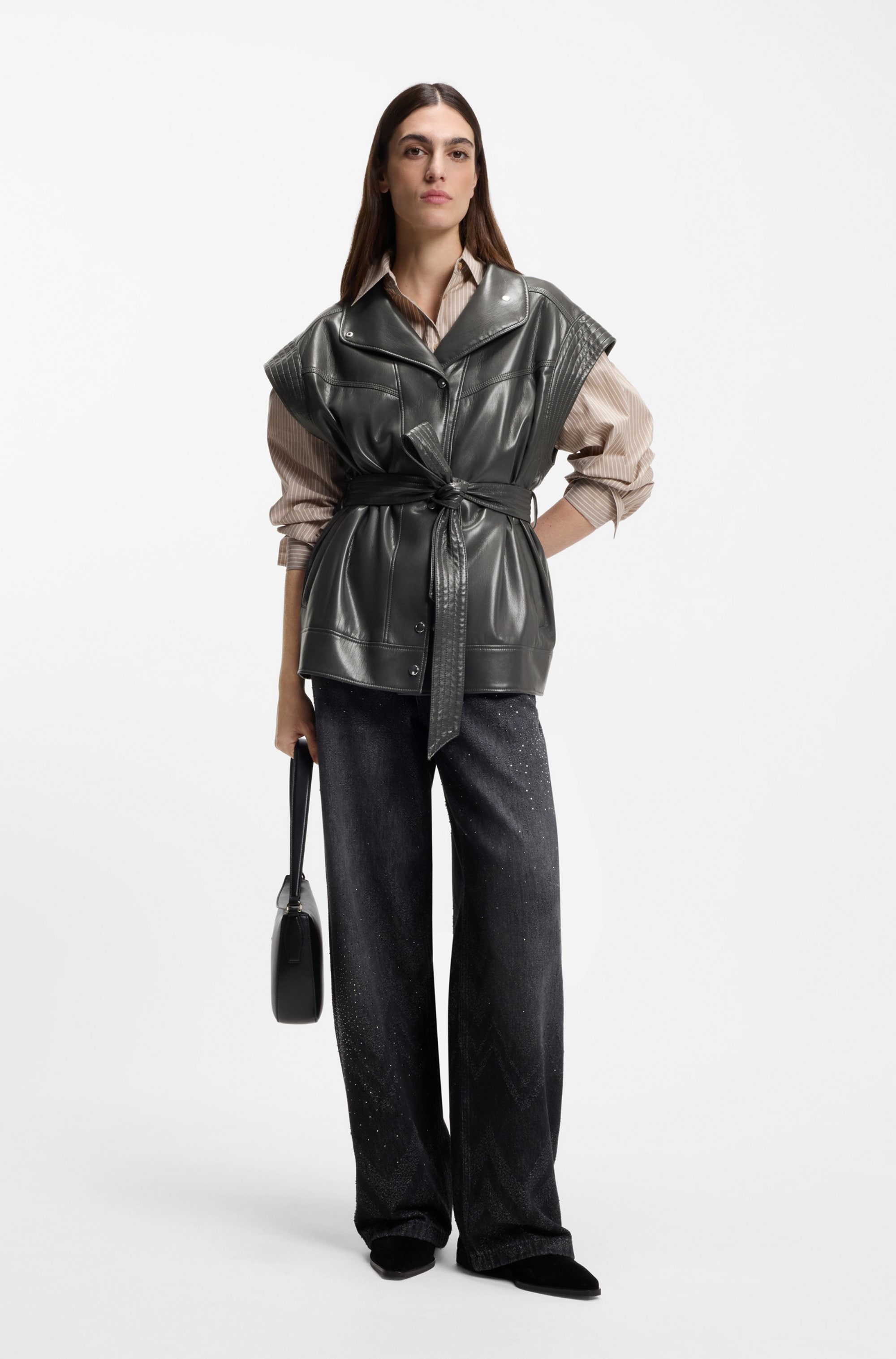 BOSS ORANGE Lederimitatweste »Jacaro Premium Damenmode« mit Taillengürtel, Stehkragen