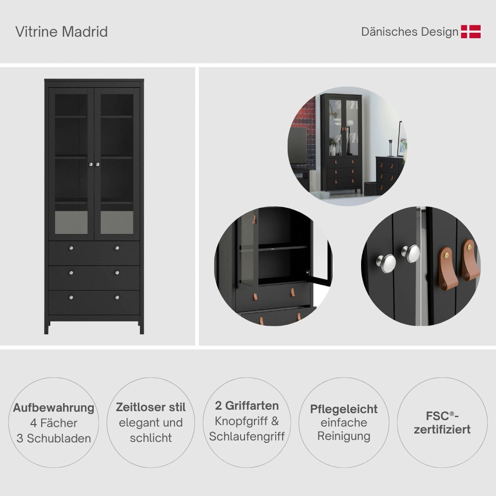 Home affaire Vitrine »Madrid, Glasvitrine Vitrinenschrank Ausstellung  Sammelvitrine« mit 2 Glastüren und 3 Schubladen, Breite 78 cm