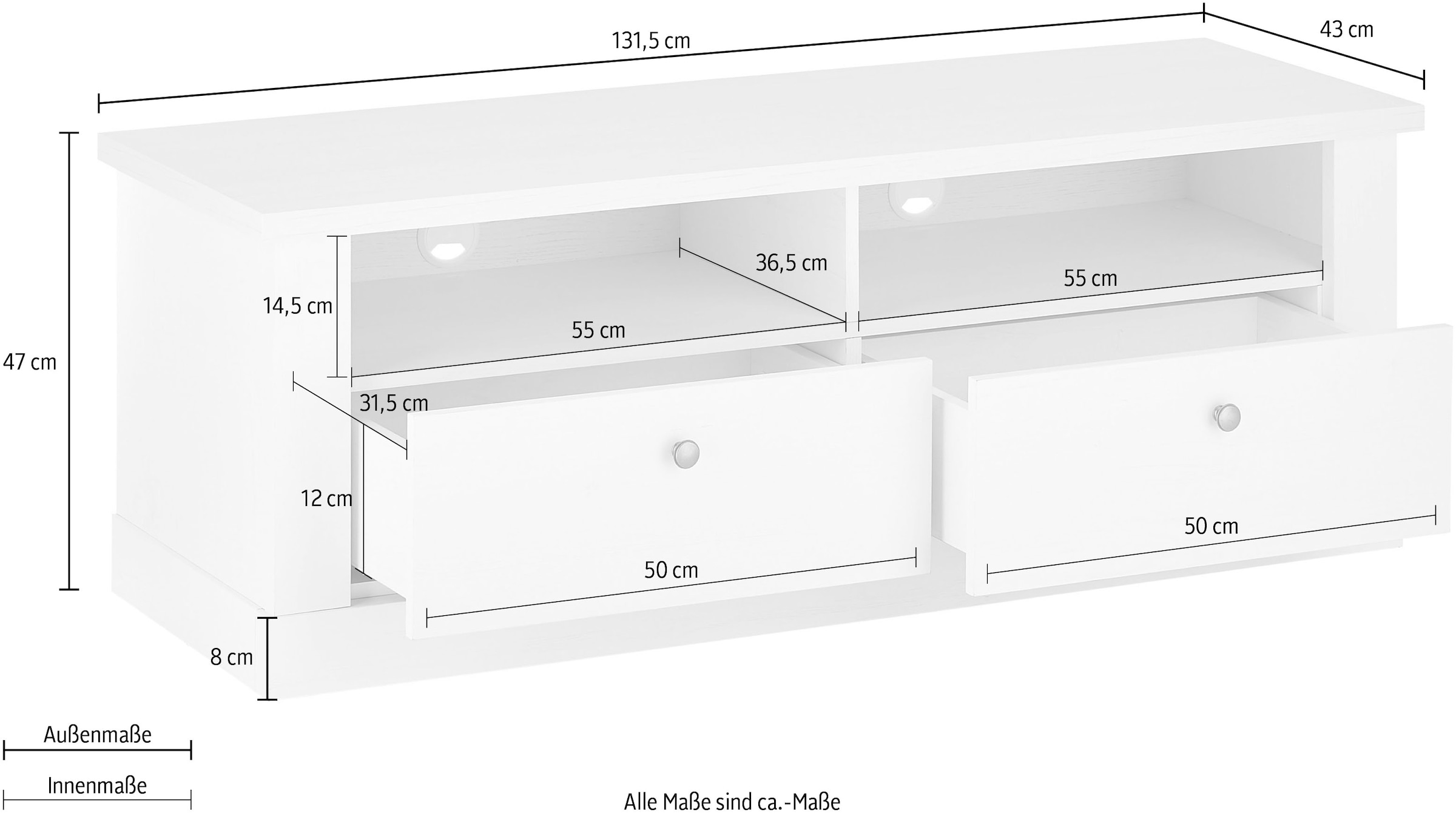 Home affaire Lowboard »RAVENNA«, im romantischen Landhausstil, Griffe aus Metall, Breite 132 cm