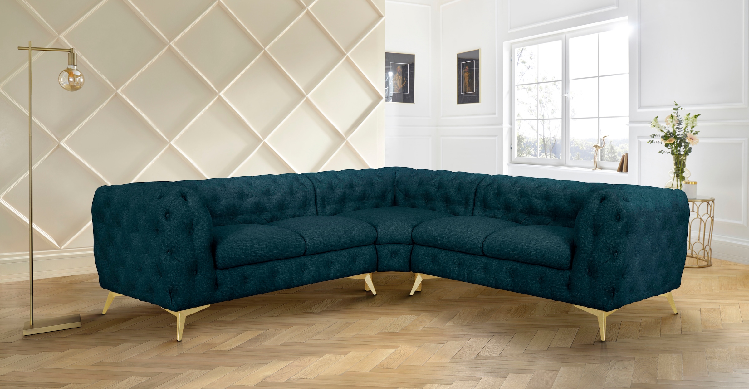 Leonique Chesterfield-Sofa »Ecksofa GLYNIS L-Form mit Wellenunterfederung, Maße B/T/H 264/264/75cm«, aufwändige Knopfheftung, moderne Chesterfield Optik, Fußfarbe wählbar