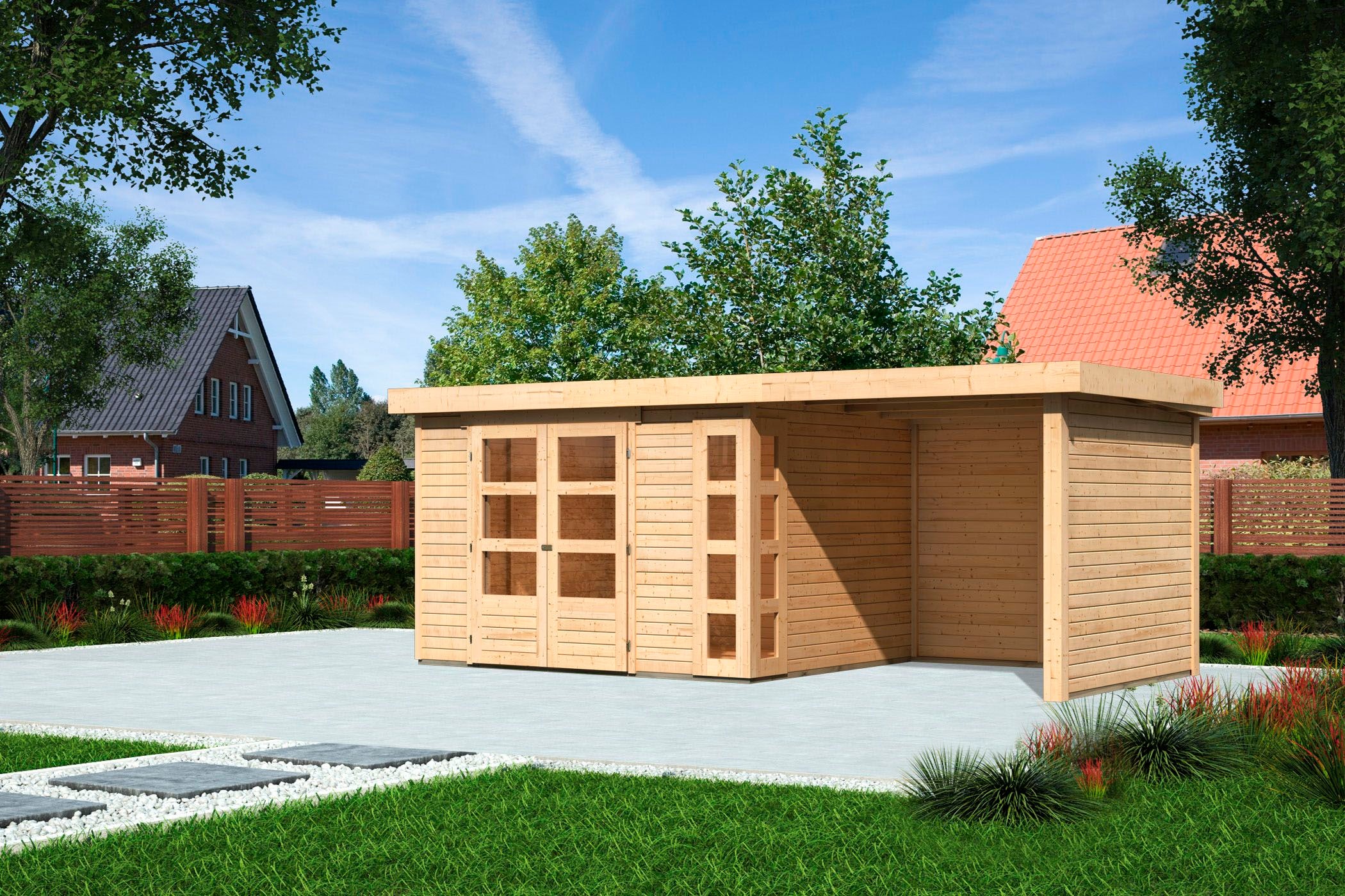 Karibu Gartenhaus »Kerko 5«, mit Anbaudach, Seiten- und Rückwand kaufen