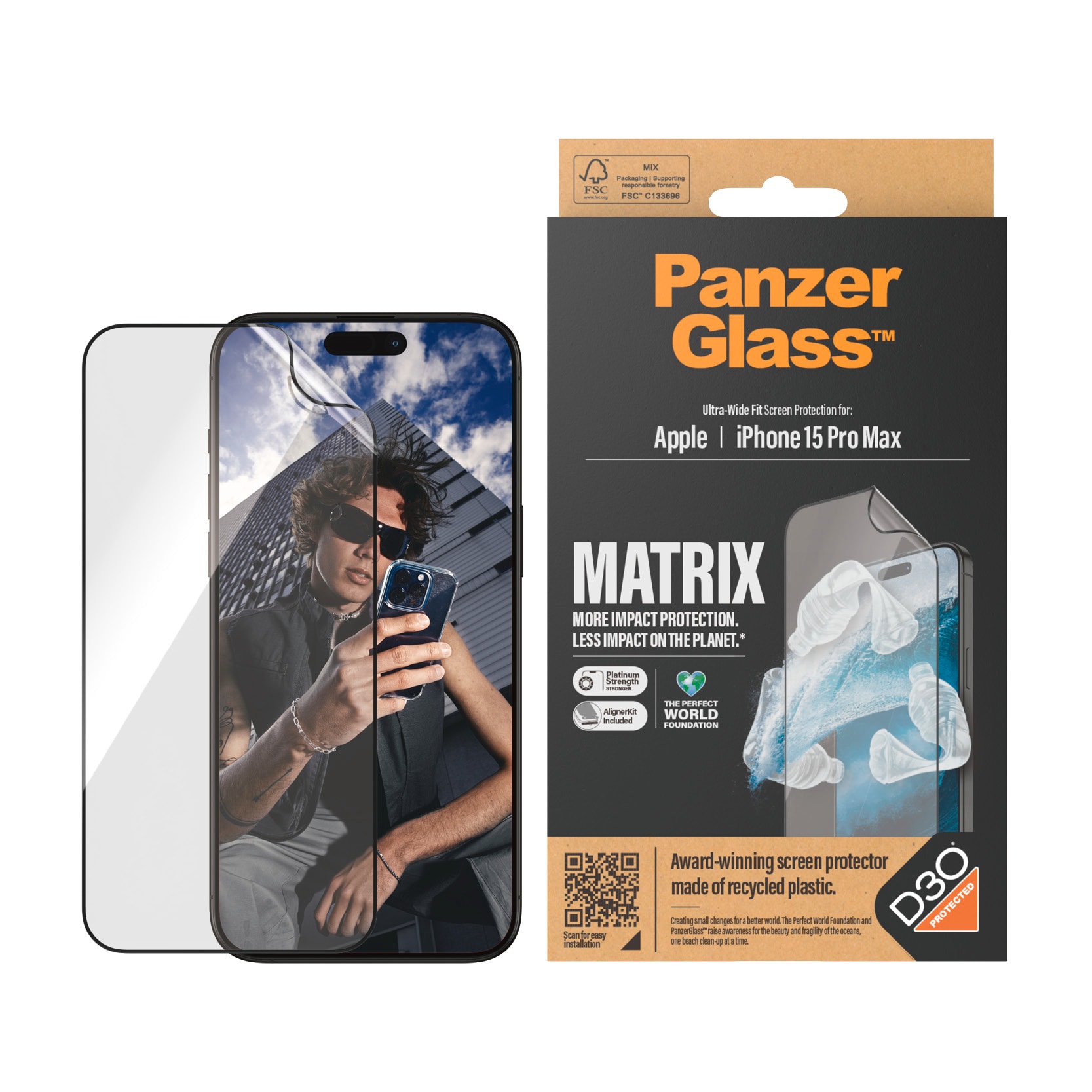 PanzerGlass Displayschutzfolie »MATRIX Protection Film mit D3O«, für iPhone 15 Pro Max, Ultra Wide Fit