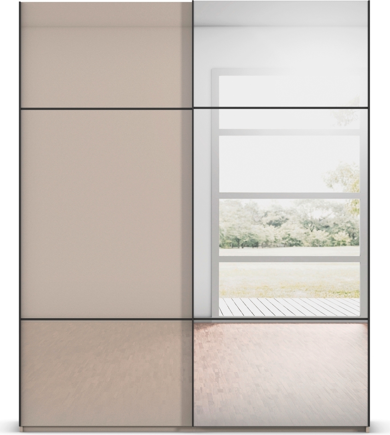 rauch Schwebetürenschrank »Kleiderschrank Schrank Garderobe Schlafzimmerschrank SCALE-TRIO« edle dreigeteilte Front mit 2 Zierleisten Spiegel/Glas MADE IN GERMANY