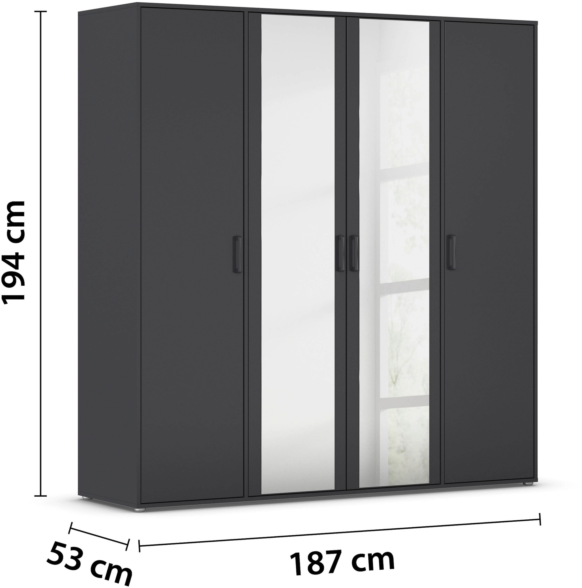 rauch Drehtürenschrank »Kleiderschrank Schrank Garderobe Wäscheschrank VOYAGER«, (in 3 verschiedenen Ausstattungen BASIC/CLASSIC/PREMIUM), mit modernen Griffen in Graumetallic und Spiegel