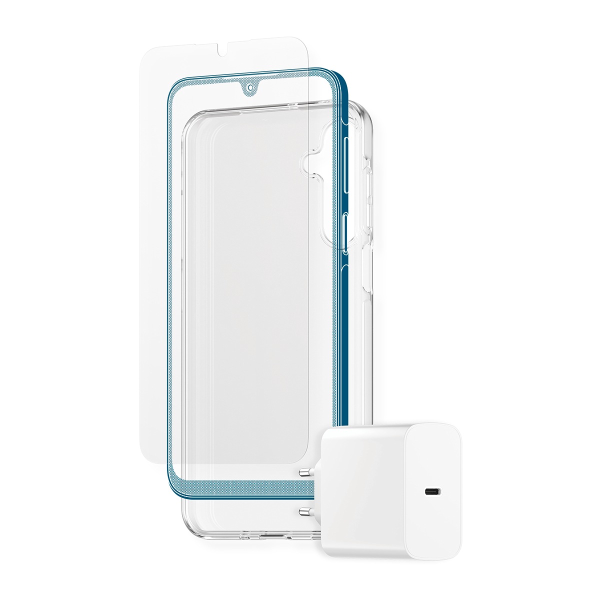 CARE by PanzerGlass USB-Ladegerät »StartKit - alles drin - Screen Protector, Case & Charger« Set, 20W Ladegerät, Displayschutzglas, TPU-Schutzhülle, 3 Stk. tlg. 3-in-1 Bundle für Samsung Galaxy A16