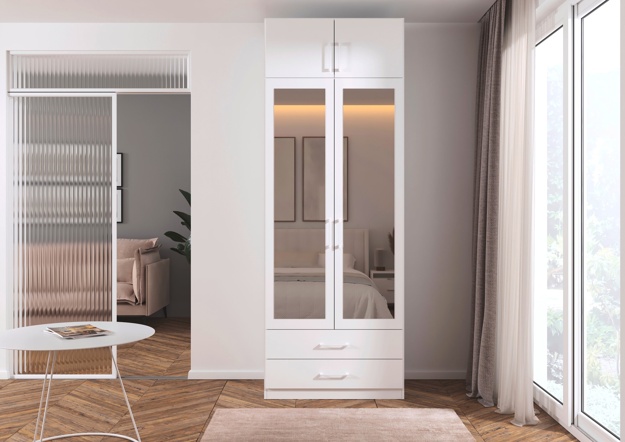 rauch Kleiderschrank »Schrank Garderobe Wäscheschrank GAMMA in 4 Breiten 91-226 cm« 3 verschiedene Ausstattungen BASIC/CLASSIC/PREMIUM (inkl. SOFT-CLOSE),  mit Schubladen und Schrankaufsatz sowie Spiegel MADE IN GERMANY