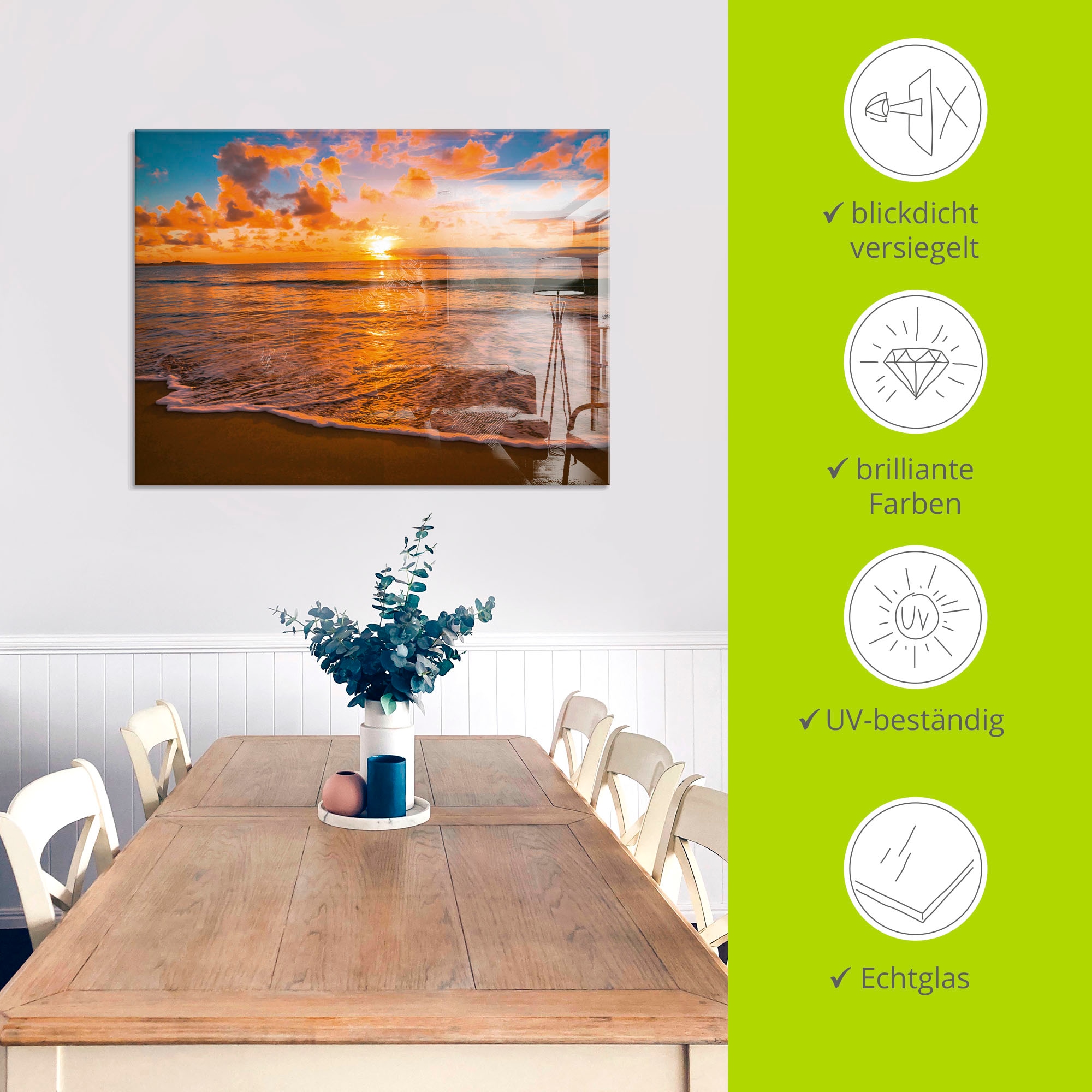 Artland Glasbild »Sonnenuntergang am Strand«, Sonnenaufgang & -untergang, (1 St.), in verschiedenen Größen
