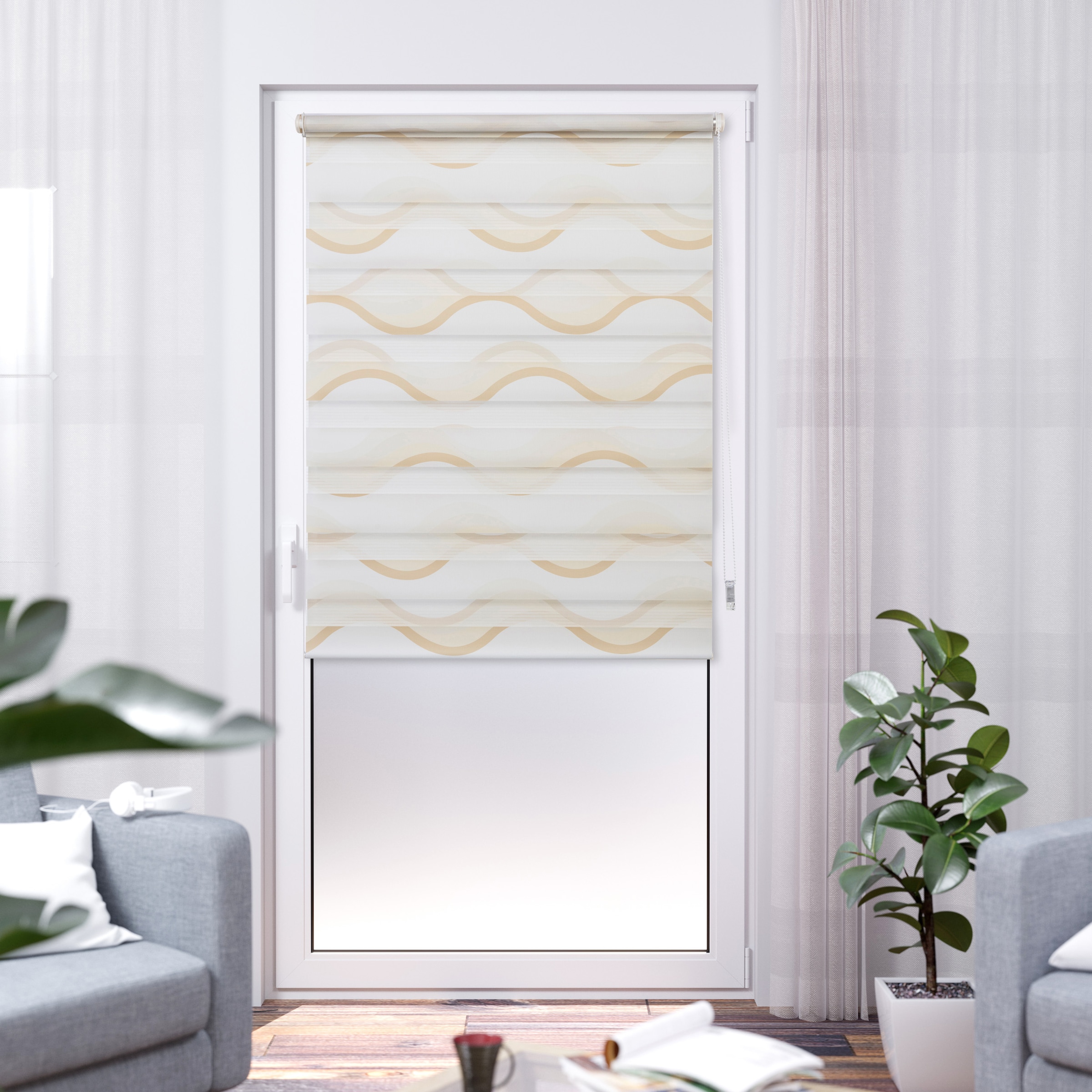 K-HOME Doppelrollo »Wellen Design« Lichtschutz Sichtschutz ohne Bohren freihängend Bedruckt mit Muster