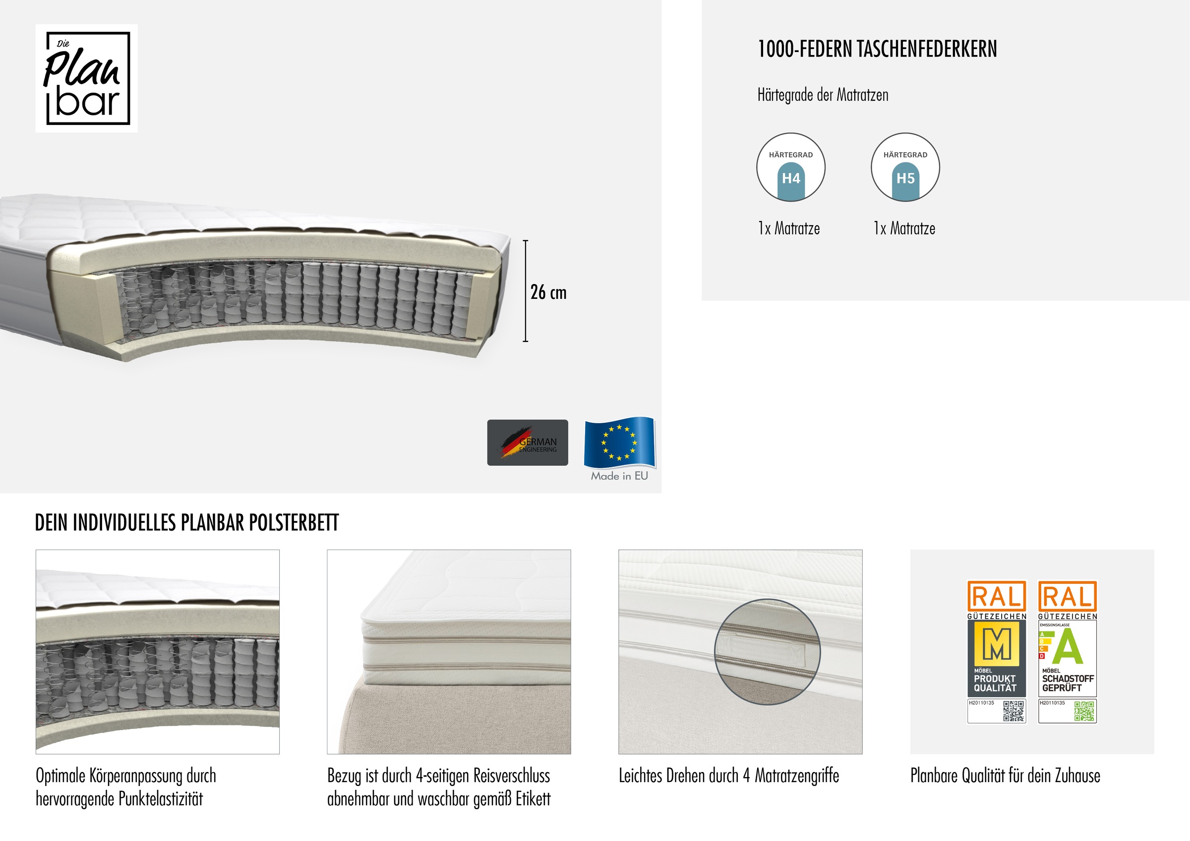 Die PlanBar Polsterbett »OC-ON20004« inkl. Matratzen u. Lattenrahmen, belastbar bis 200 Kg, 160/180x200cm