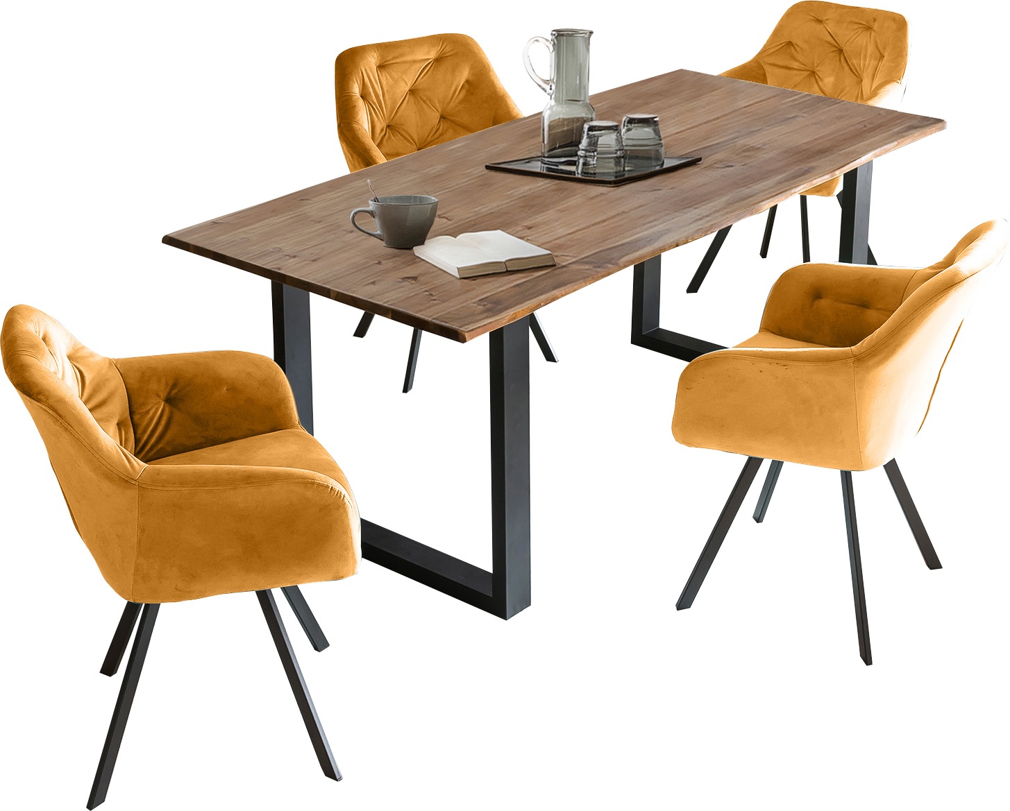 SalesFever Essgruppe »Stilvolle Essgruppe«, (Set, 5 tlg.), 5-teilige Sitzgruppe mit 360° Drehplatte und echter Baumkante