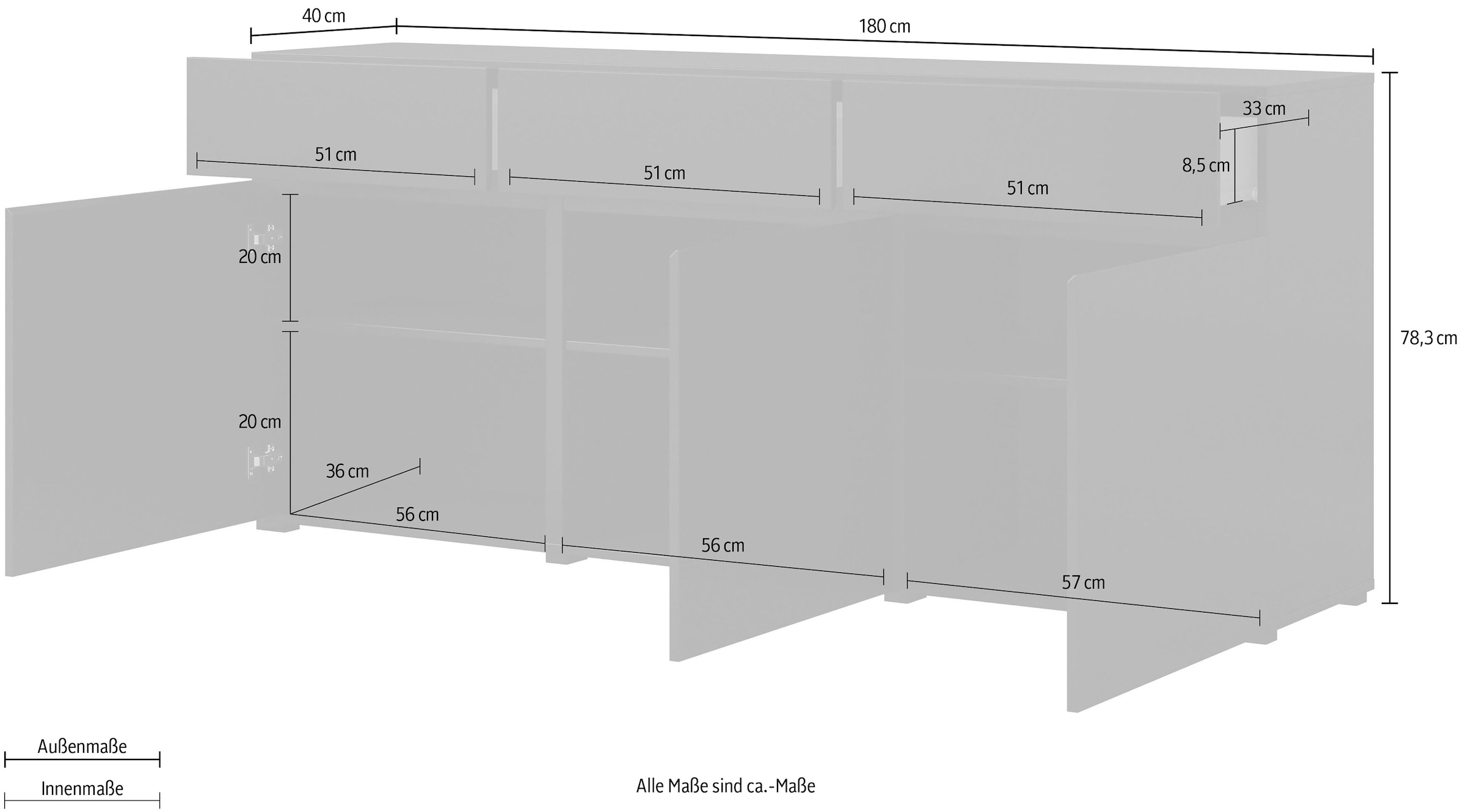 OTTO home Kommode »Cross,Breite 180 cm, moderne grifflose Kommode,3 Türen/3 Schubkästen« Schubladenschrank mit viel Stauraum, Einlegeböden verstellbar