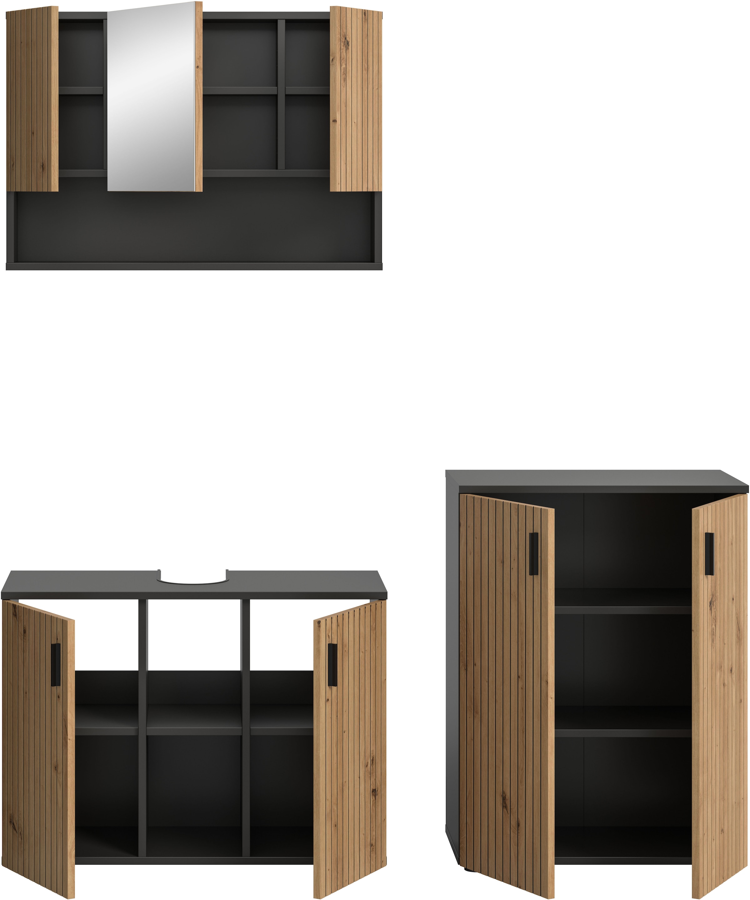 welltime Badmöbel-Set »MANI, 3-tlg. Badkombination, Paneeloptik« Set, Set, best, aus: 1Badschrank,1Spiegelschrank,1Waschbeckenunterschrank, 3 Stk. tlg.