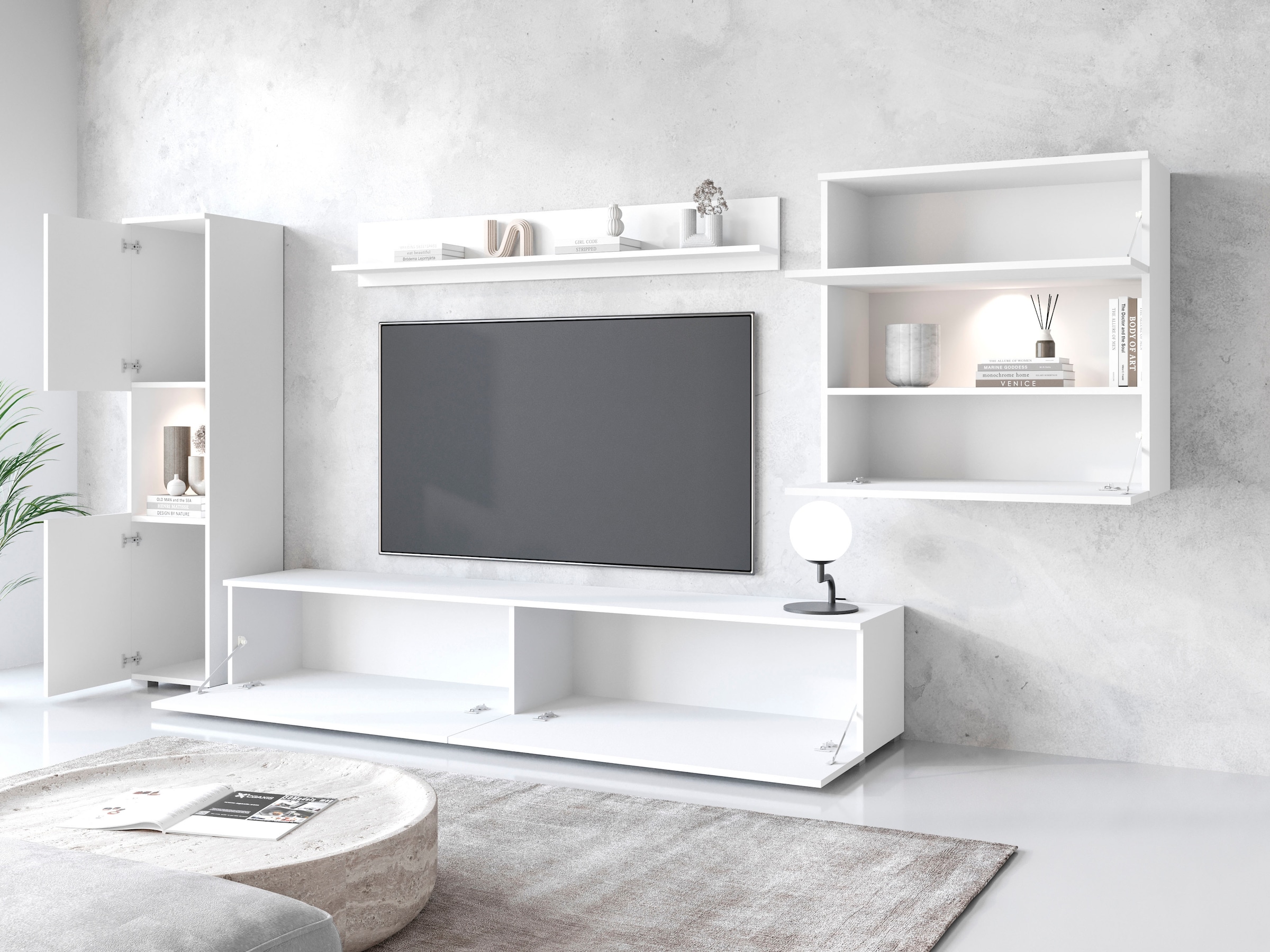 INOSIGN Wohnwand »PARIS, Vitrine Türanschlag links/rechts wechselbar«, (Komplett-Set, 4 St.), grifflose Design, stehend und hängend montierbar