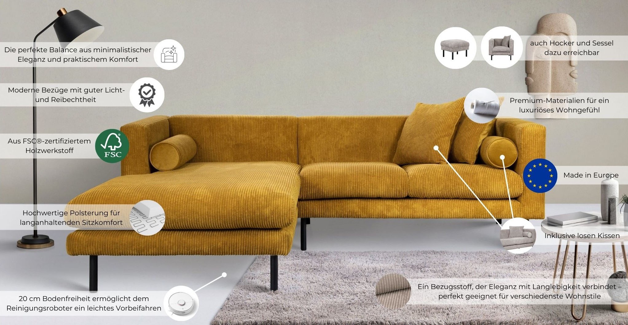 Home affaire Ecksofa »Lillibeth L-Form Designsofa, Maße B/T/H: 240/173/83 cm« Zierkissen als Wendekissen, in Samtoptik oder Cord