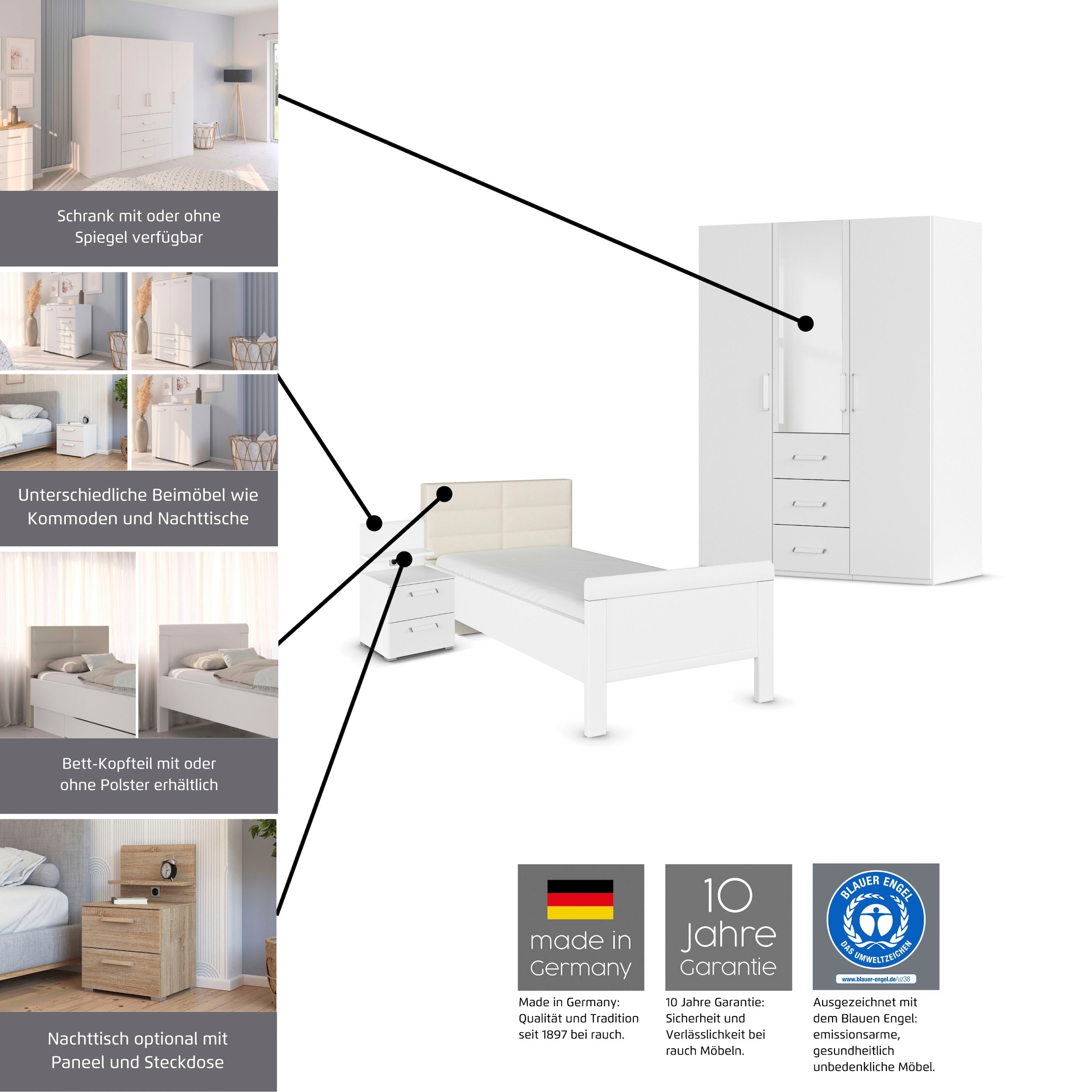 rauch Schlafzimmer-Set »Komplettschlafzimmer Schlafzimmer EVELYN«, (Set, 3 tlg.), Schrank und Bett in 2 Breiten, Nachttisch 2 Schubladen MADE IN GERMANY