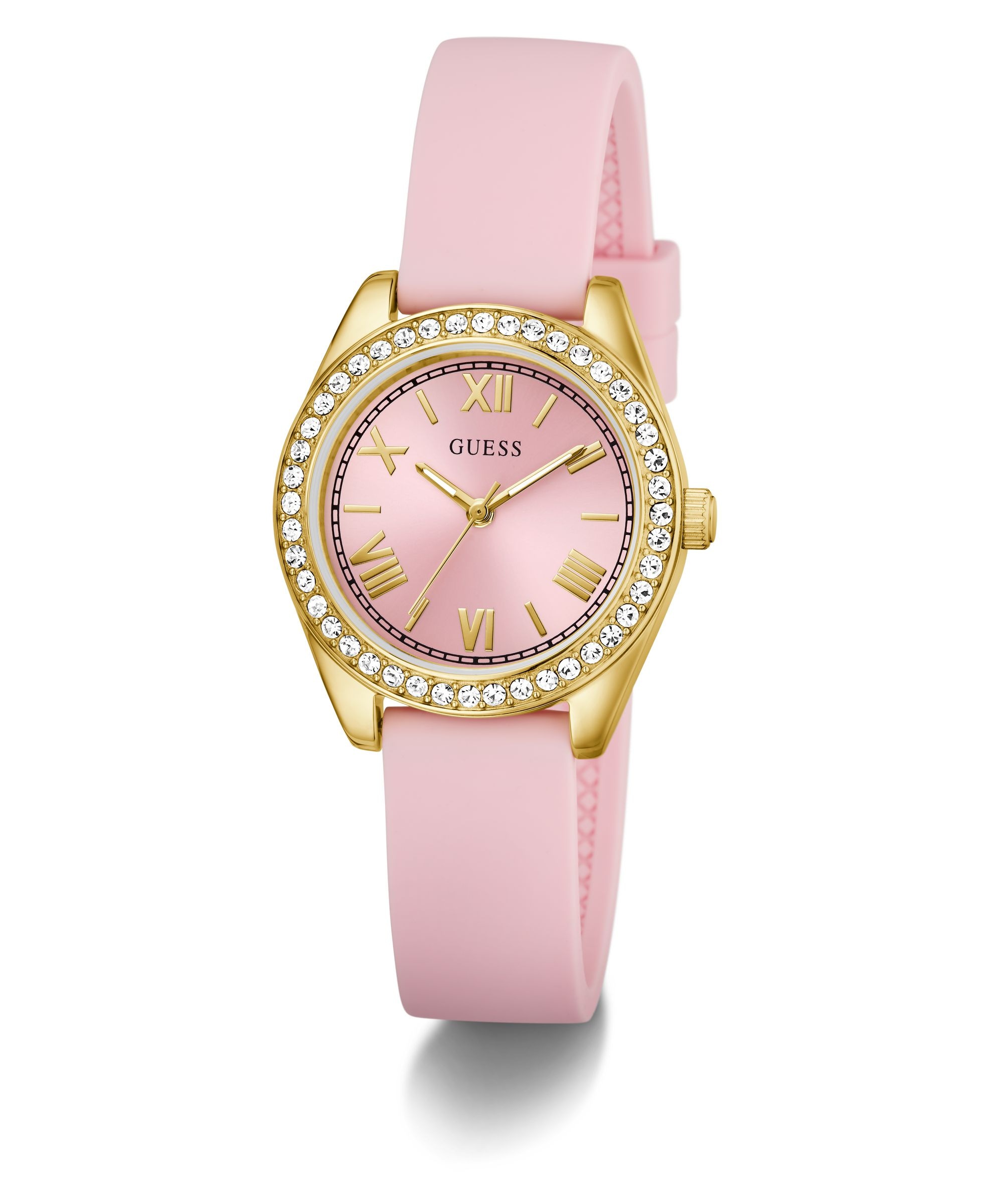 Guess Quarzuhr »GUESS-MINI LUNA GLITZ« Armbanduhr, Damenuhr, Silikonarmband, analog