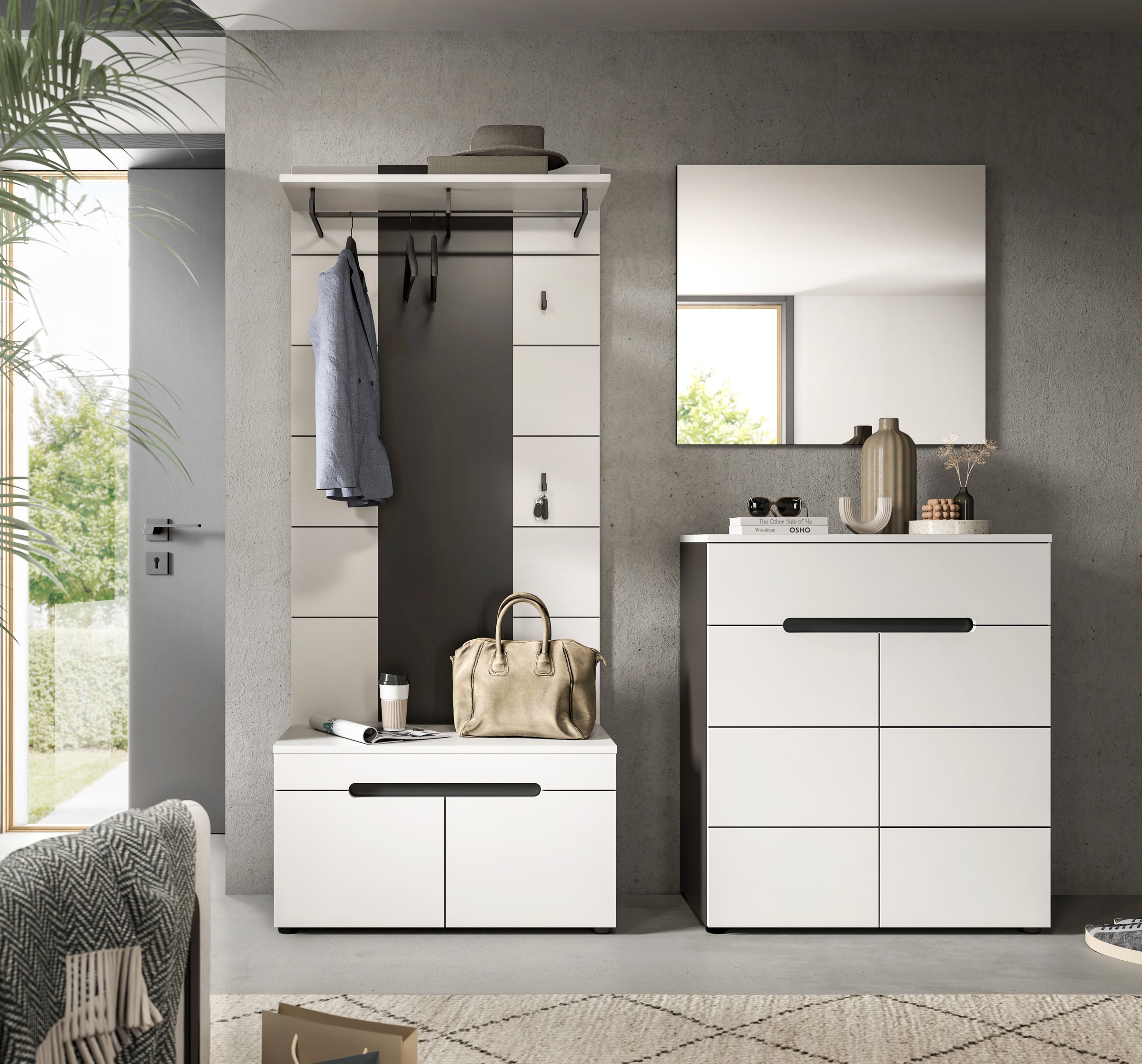 Home affaire Garderoben-Set »REHAT, TOPSELLER!, 4-teilig, Breite 175 cm, individuell erweiterbar« Set, bestehend aus: Sitzbank, Paneel, Spiegel und Kommode, 4 Stk. tlg.