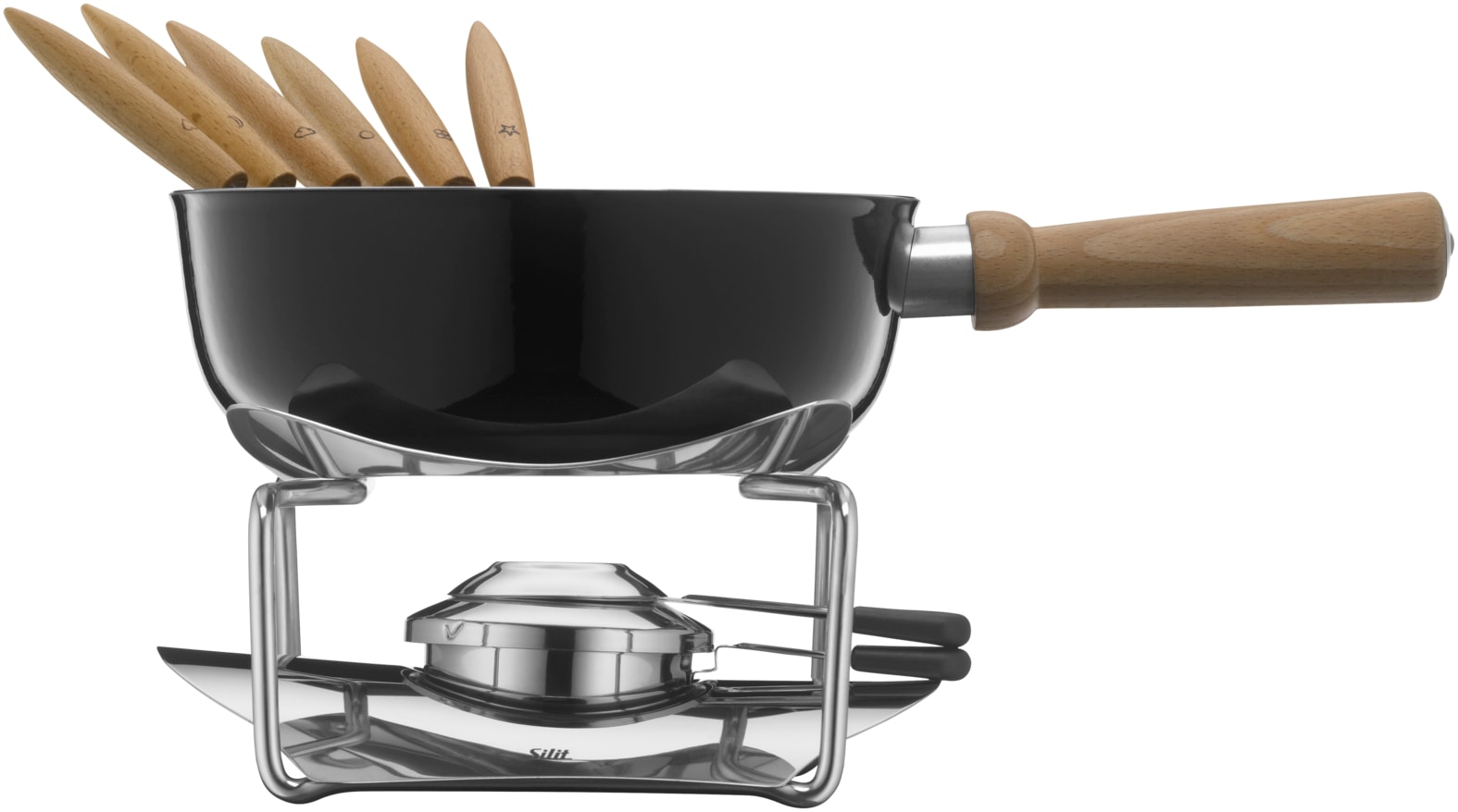 Silit Fonduetopf-Set, 9-teilig, Ø 23 cm, 2,7 l - praktisches Fondue-Set, ideal f. Käse, Brühe o. Fett, Top aus Silargan®-Edelstahl 18/10