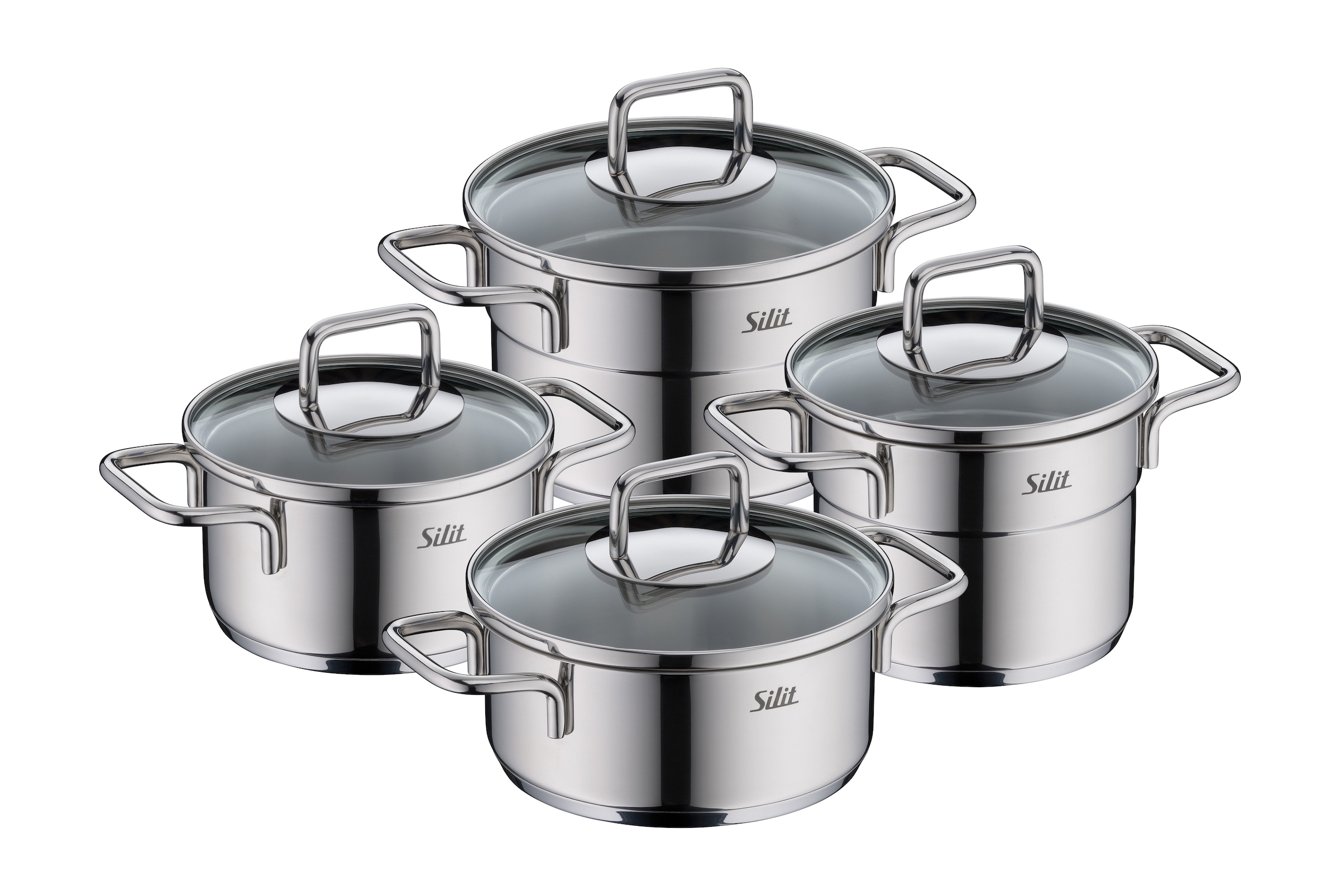 Silit Topf-Set "Extra Cook Mini, Kochgeschirr-Set Induktion mit Glasdeckeln, stapelbar" Set, 2 x Kochtopf 12/14cm, 2 x Bratentopf 12/14cm, 2 x Glasdeckel 12/14cm, 8 Stk. tlg. Edelstahl 18/0