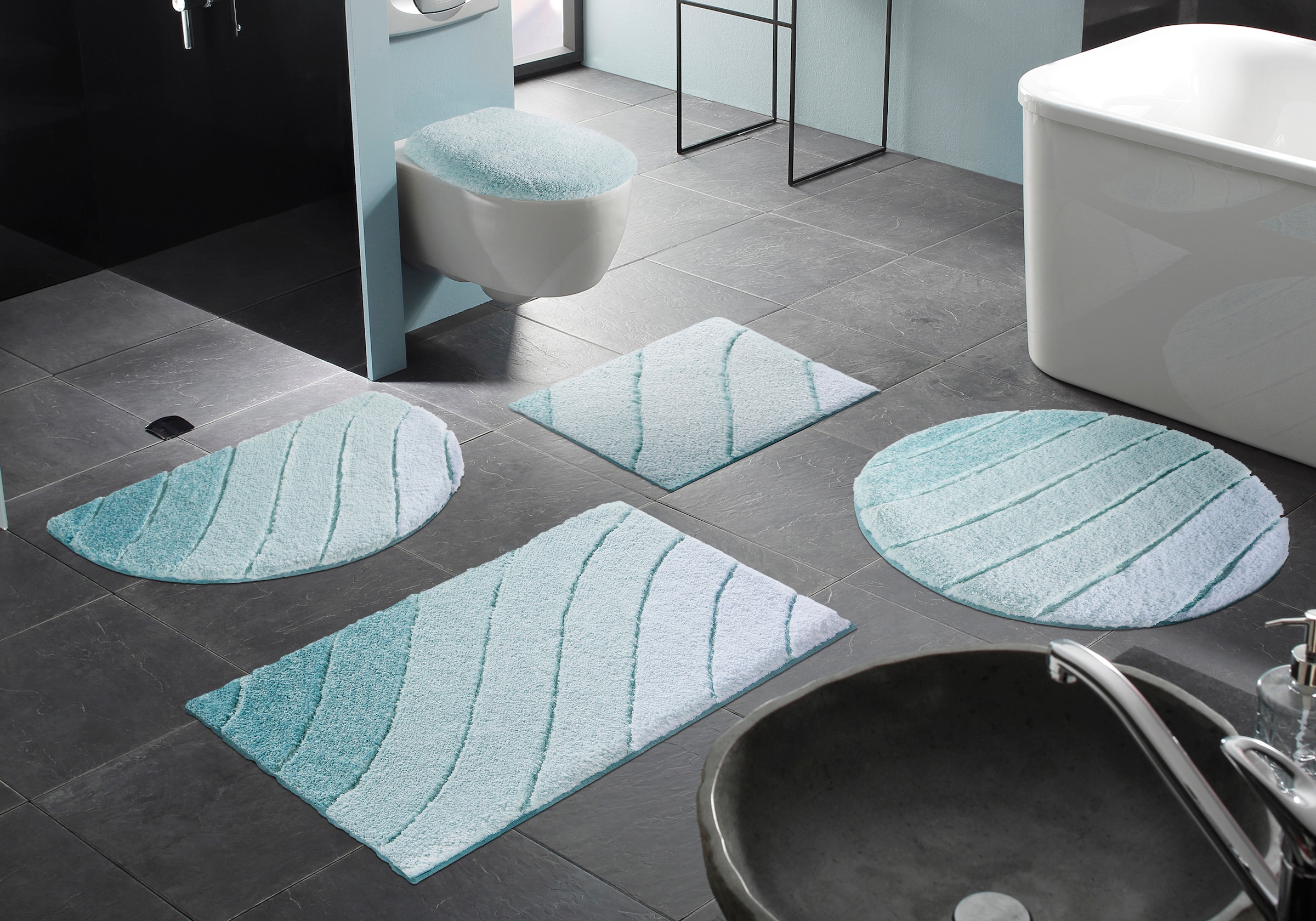 Kleine Wolke Badematte »Donna«, rutschhemmend beschichtet, fußbodenheizungsgeeignet-schnell trocknend, Wellen Design, Pastell, 3-tlg. Set, rechteckig & rund erhältlich