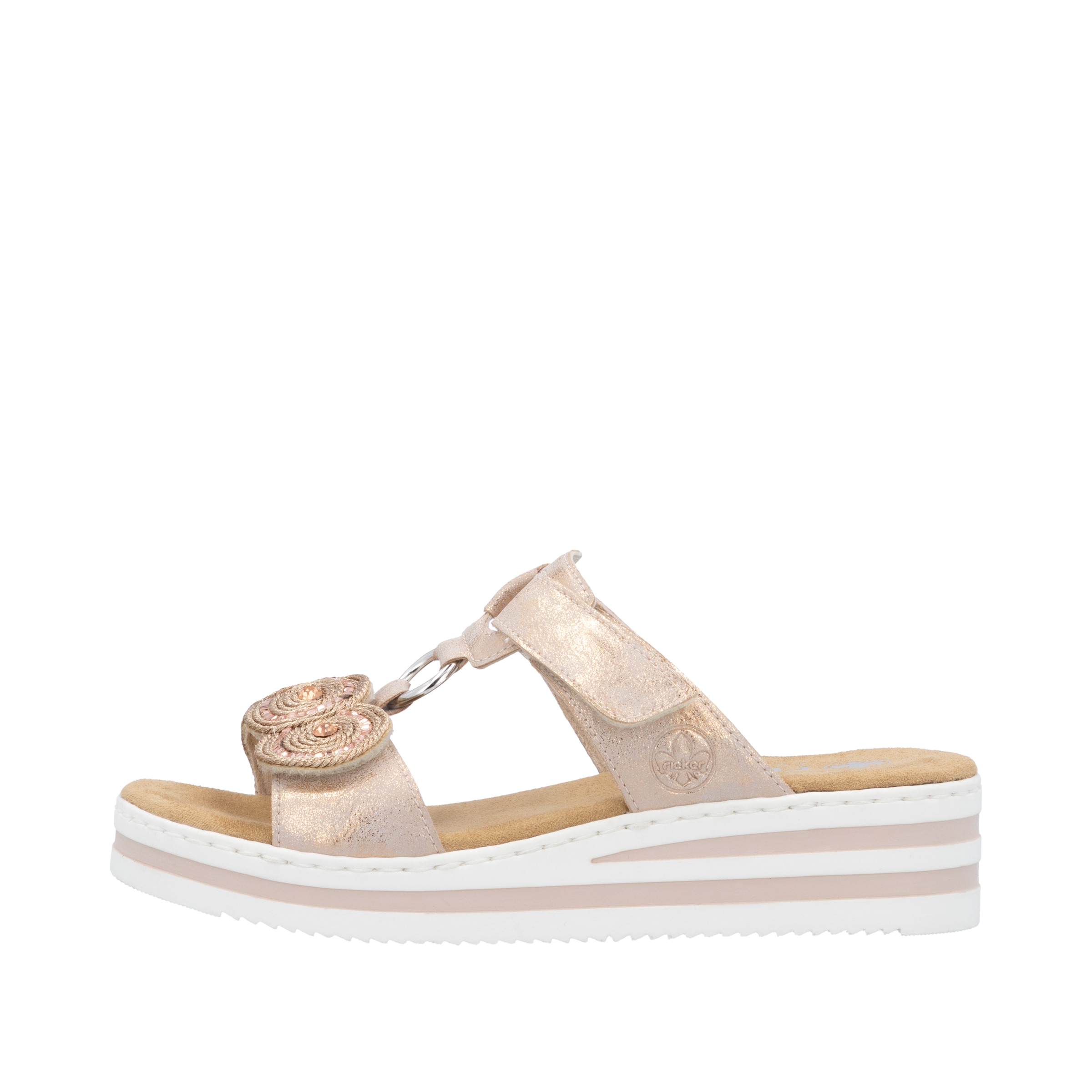 Rieker Keilpantolette  Sommerschuh, Urlaubsschuh mit Glitzersteine, Metallic-Optik