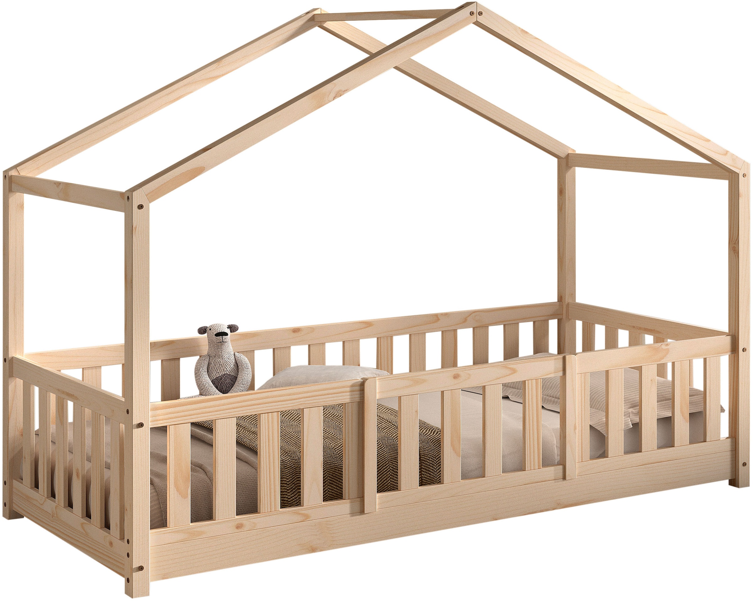 Vipack Hausbett »Dallas, Massivholzbett mit Dachaufbau umbaubar vom Boden- zum Daybett« inkl. Lattenrost, Rausfallschutz, Sprossen, 90 oder 140x200 cm breit,  stabil und standfest gebaut, wahlweise Kiefer massiv natur oder weiß